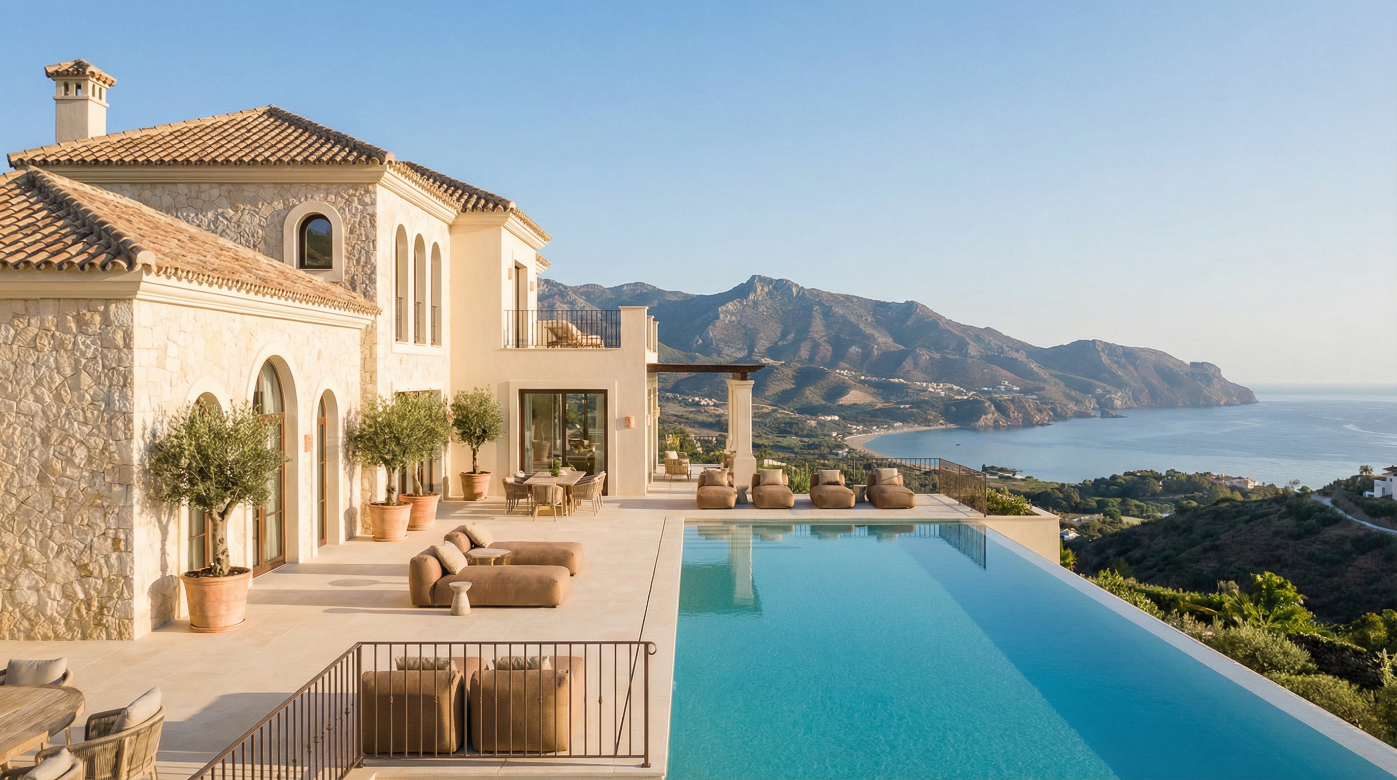 Egy modern mediterrán villa a Costa del Sol-on elegáns építészettel, buja kertekkel és egy nyugodt szabadtéri terasszal a ragyogó kék ég alatt.