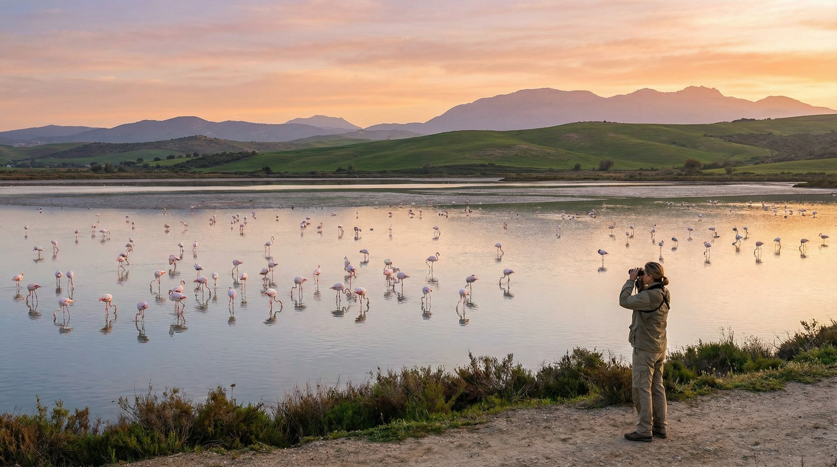 A birder watches vibrant flamingos at sunrise in Laguna de Fuente de Piedra, Costa del Sol, surrounded by lush greenery and mountains.