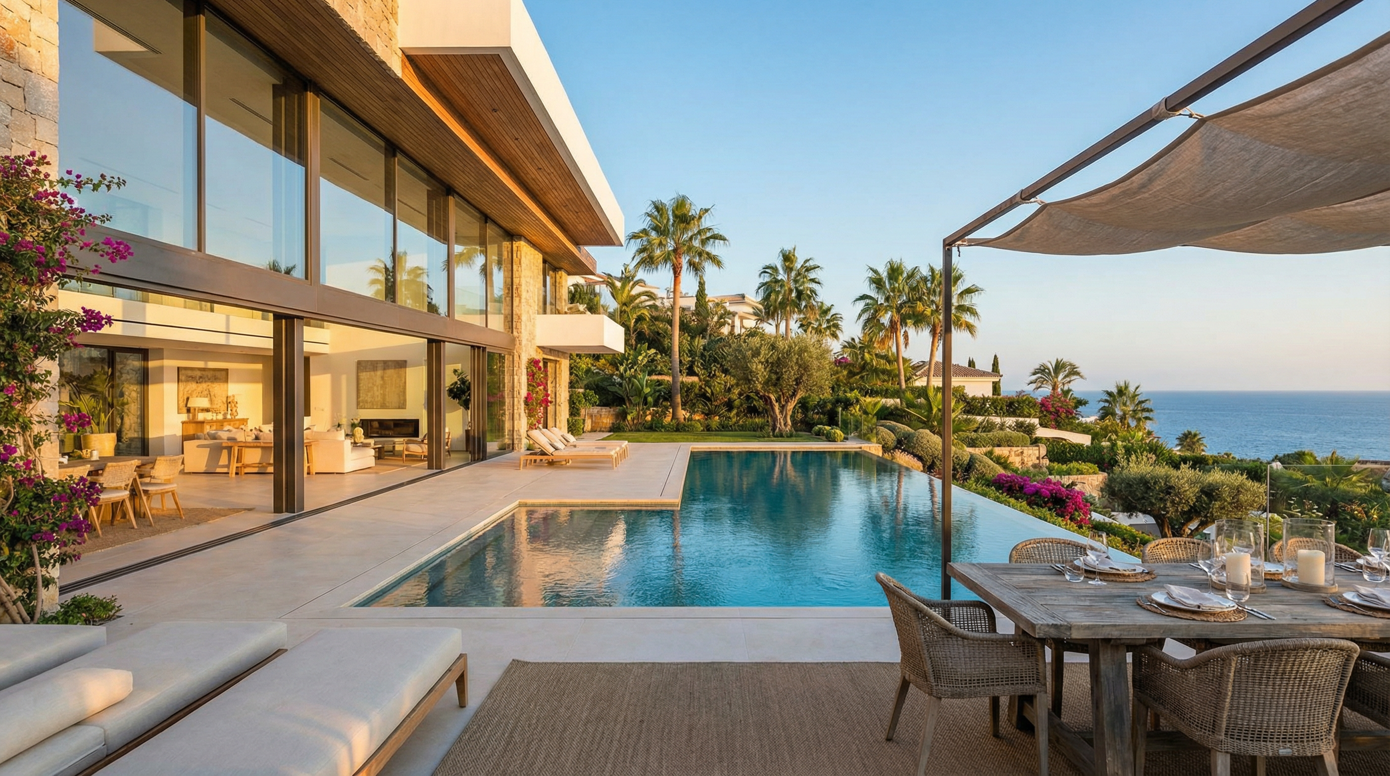 Panorámás kilátás egy luxus villáról Costa del Solon, modern építészettel, végtelen medencével és mediterrán tengerrel.