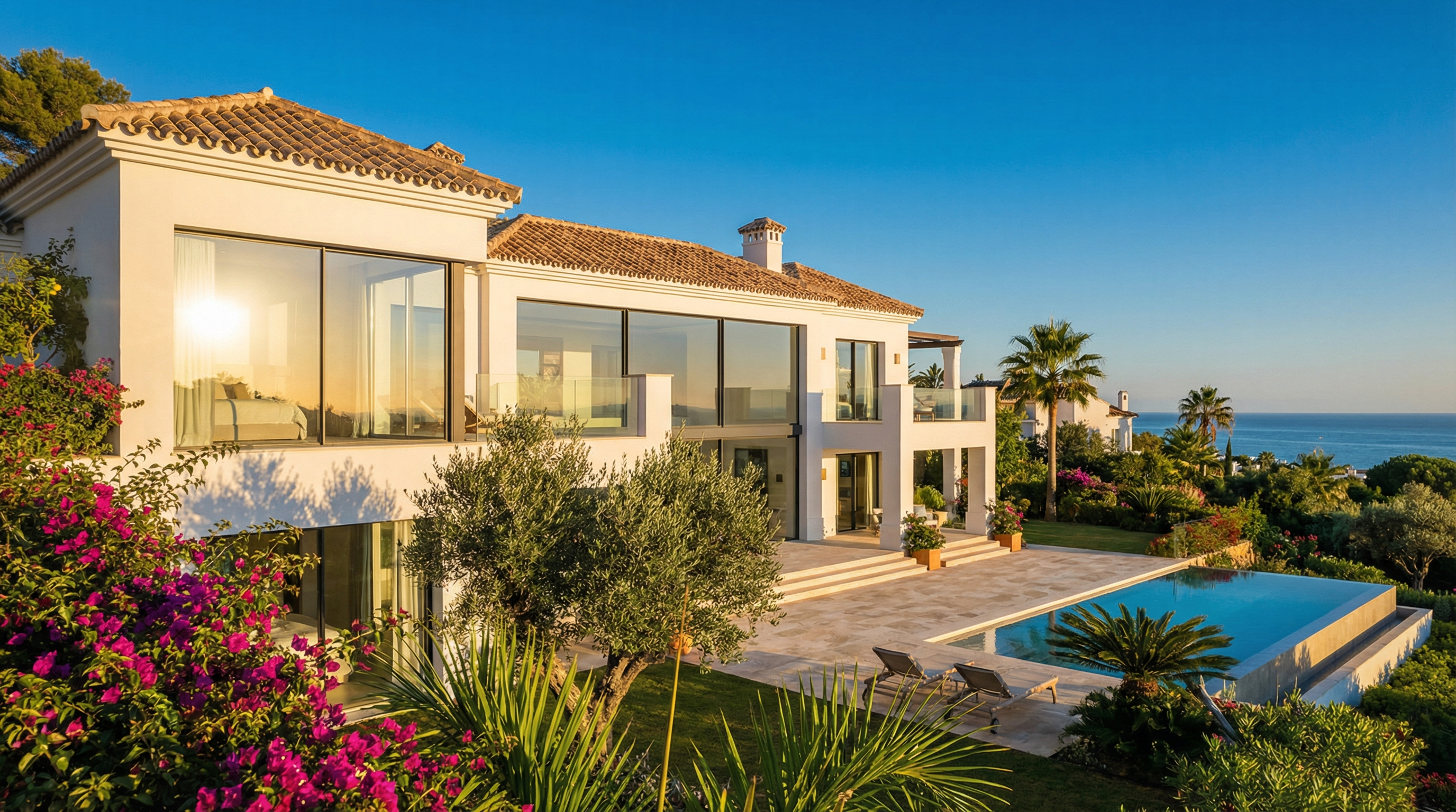 Modern mediterrán villa a Costa del Solon, fehér vakolatú falakkal és terrakotta tetőcserepekkel, a háttérben a Földközi-tenger.