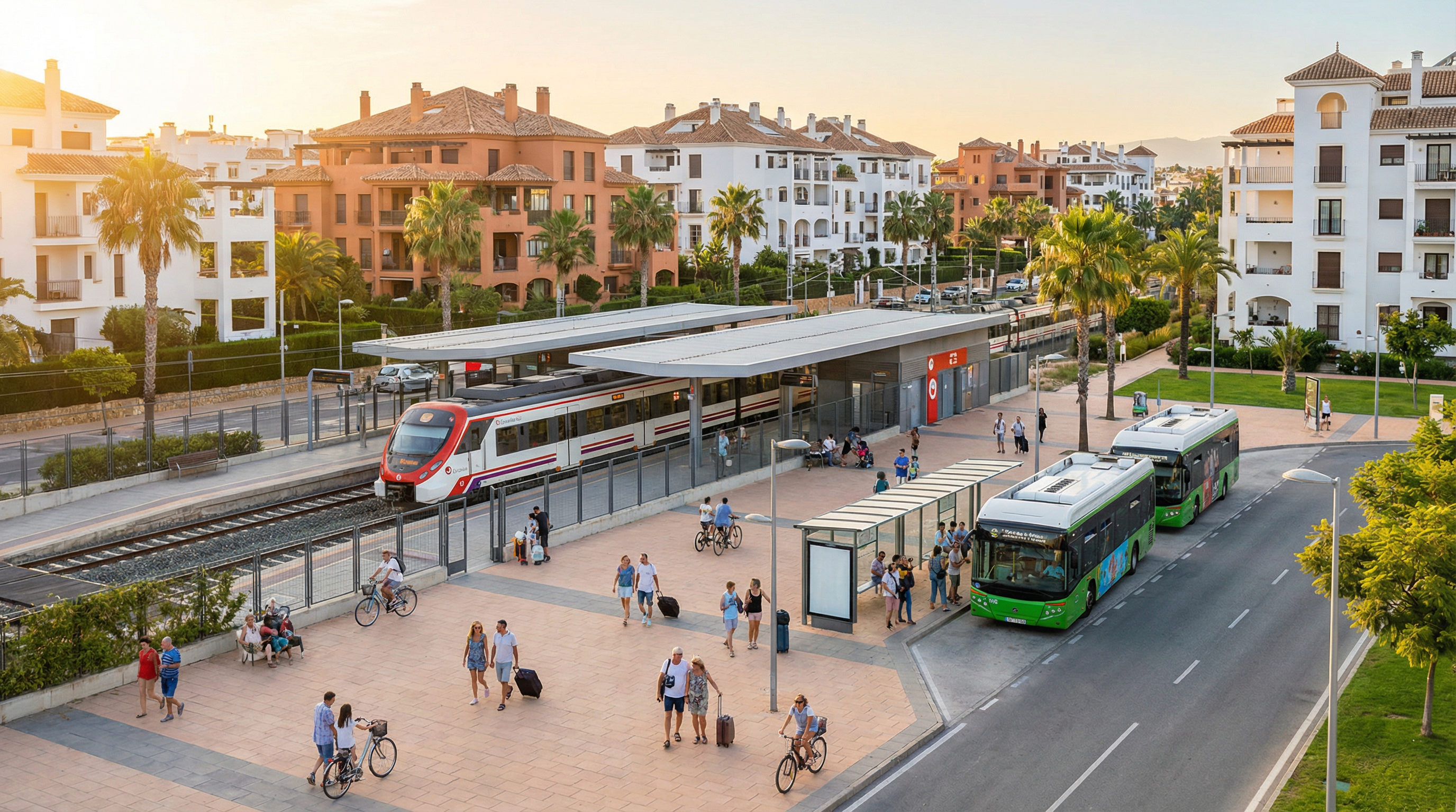 Panorámás kép a Costa del Sol modern városképéről, ahol a C1 Cercanías vonatállomás és elektromos buszmegálló látható, emberekkel a közlekedési rendszeren.
