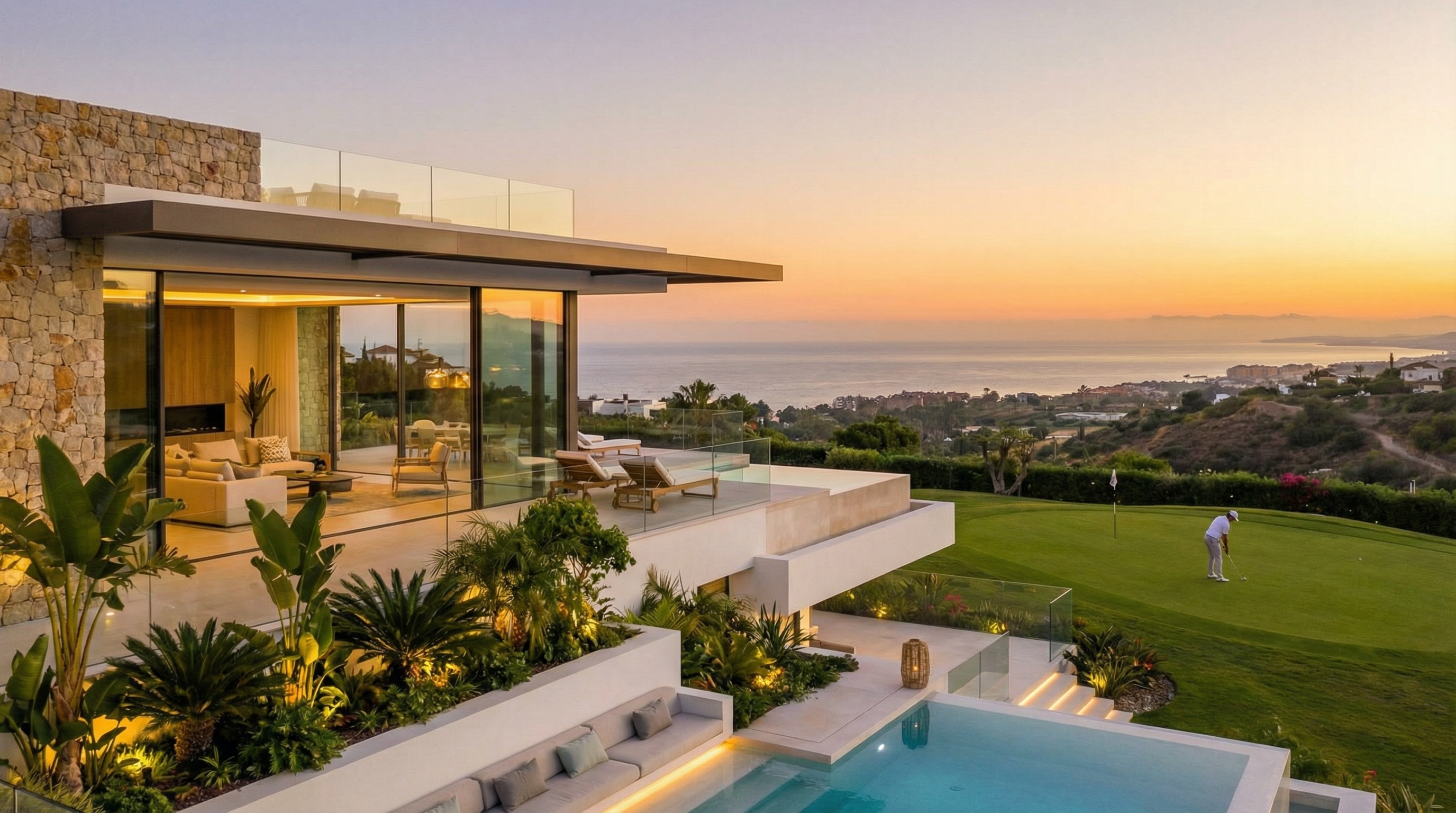 Luxus villa a Costa del Sol partján, végtelen medencével és trópusi kertekkel, naplementében, golfozóval a közelben.