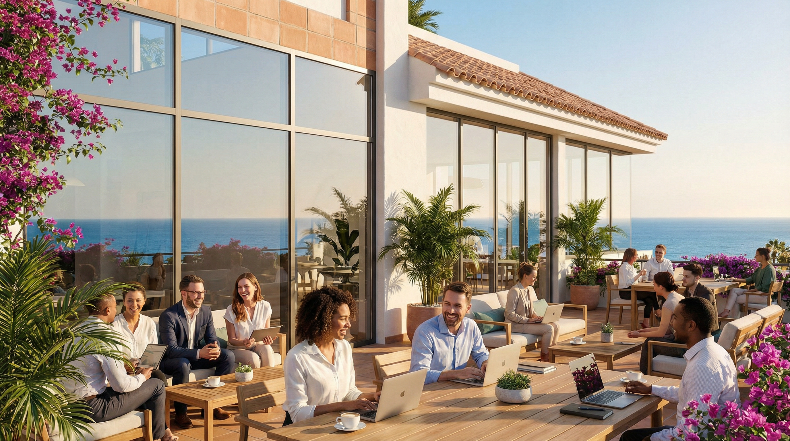 A Costa del Sol-i modern coworking tér, panorámás kilátással a Földközi-tengerre, ahol digitális nomádok dolgoznak és pihennek.