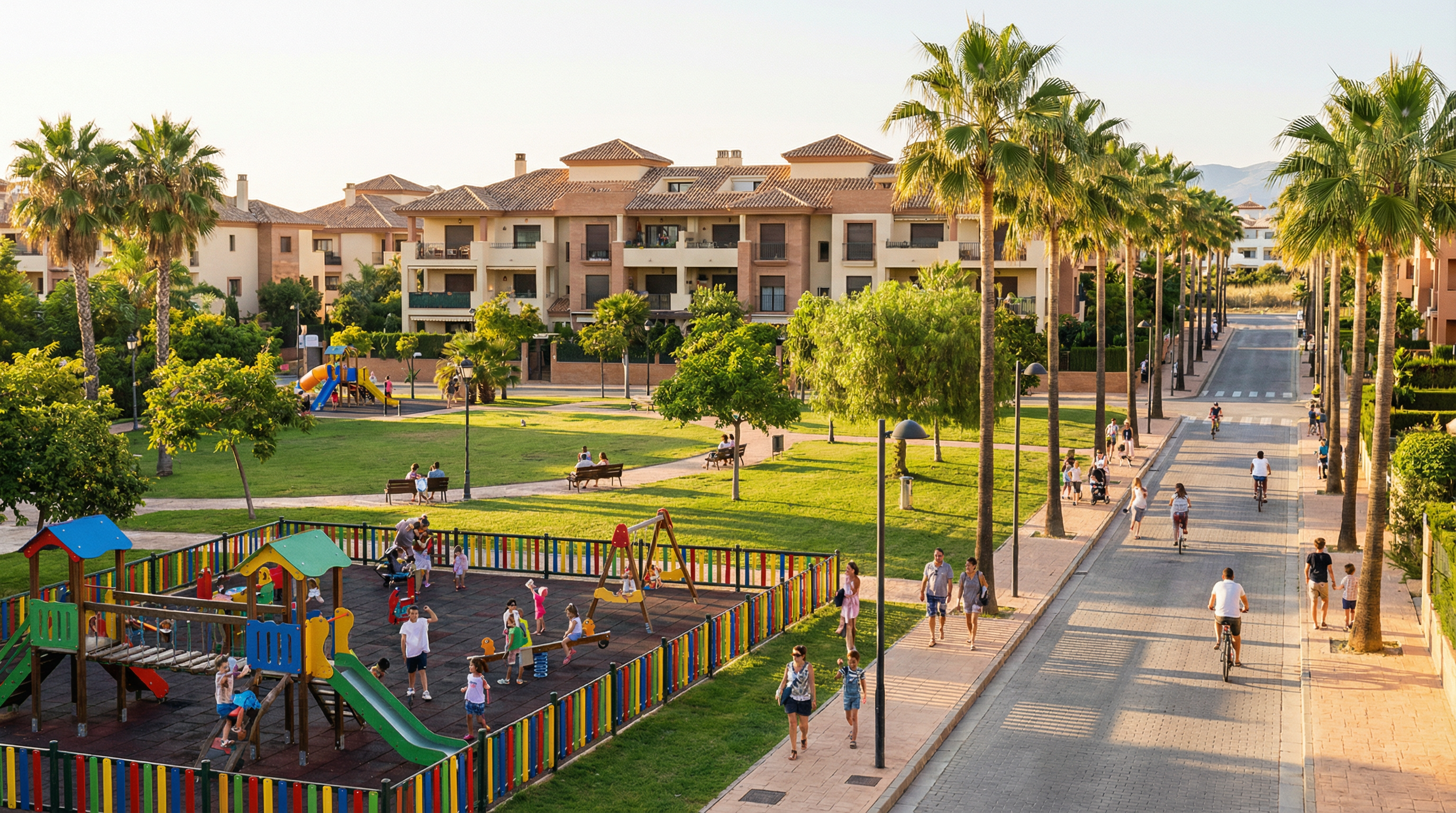 A family-friendly neighborhood in Costa del Sol featuring playgrounds, palm-lined streets, and children playing in a green park under golden sunlight.