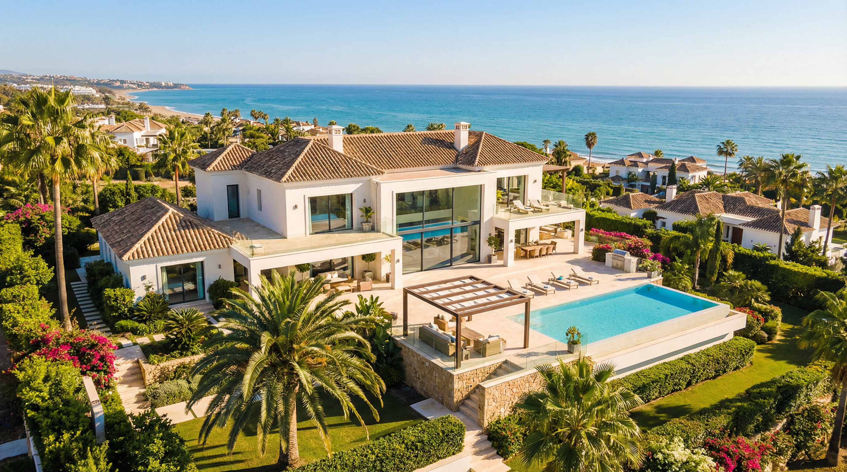 Aerial view of a luxurious villa in Costa del Sol, showcasing modern Mediterranean architecture, lush gardens, and the sparkling sea.