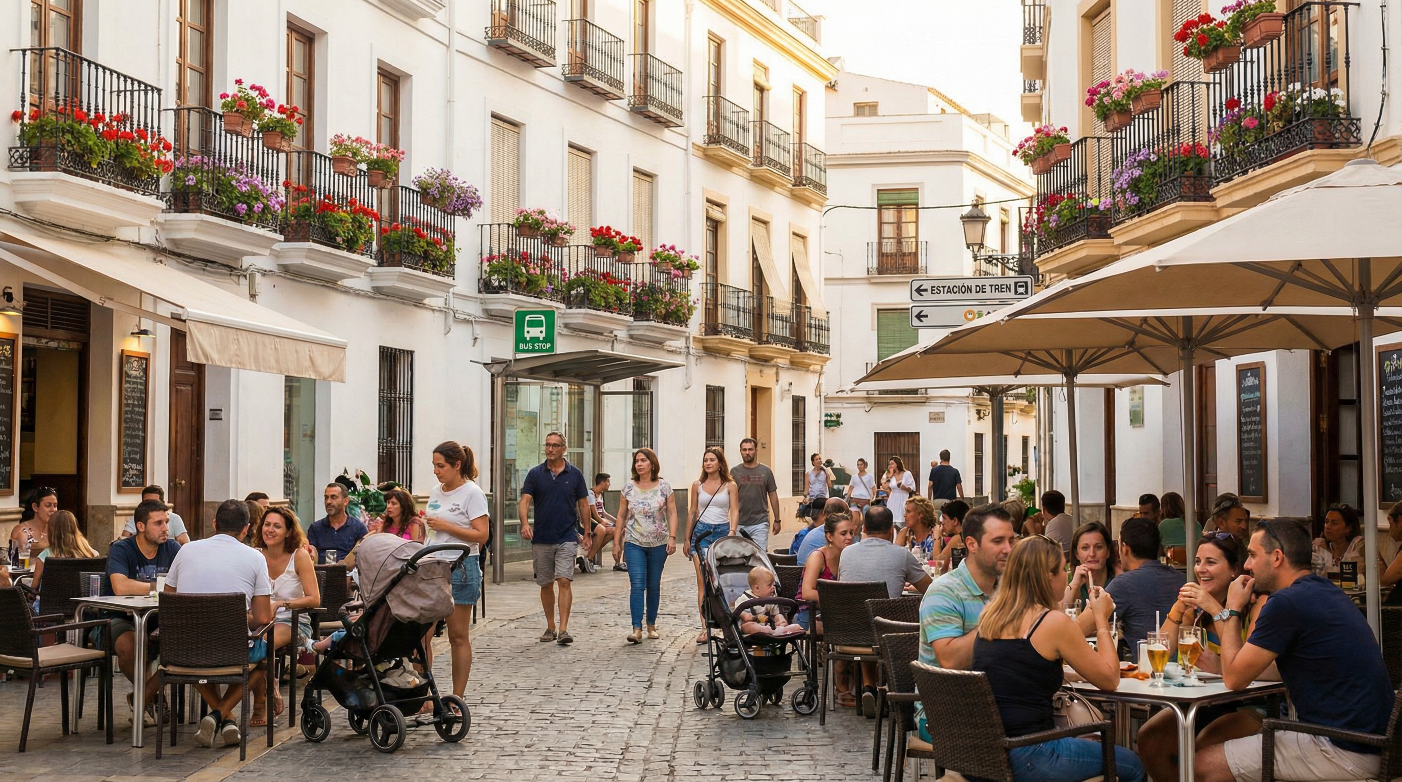Málaga Centro vibráló utcai jelenete, gyalogos életstílust bemutatva, fehérre meszelt épületekkel és virágos cserepekkel a Costa del Solon.