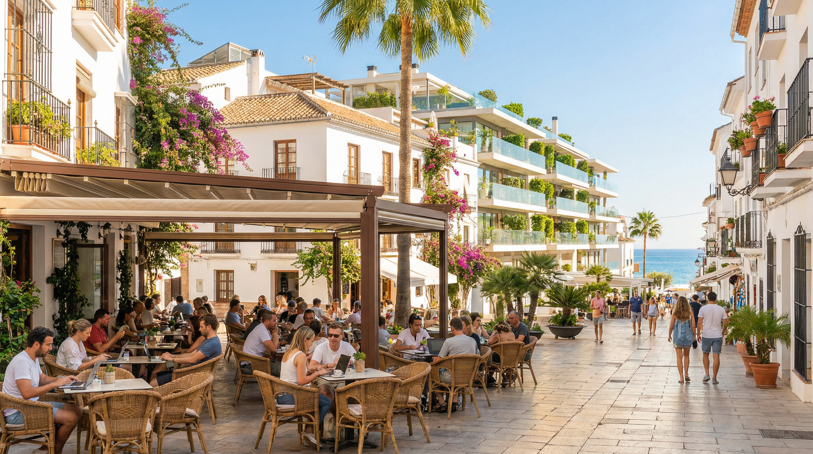Vibráló mediterrán utcai jelenet a Costa del Solon, ahol digitális nomádok dolgoznak kávézóban, körülöttük pálmafák és bougainvillea virágok.