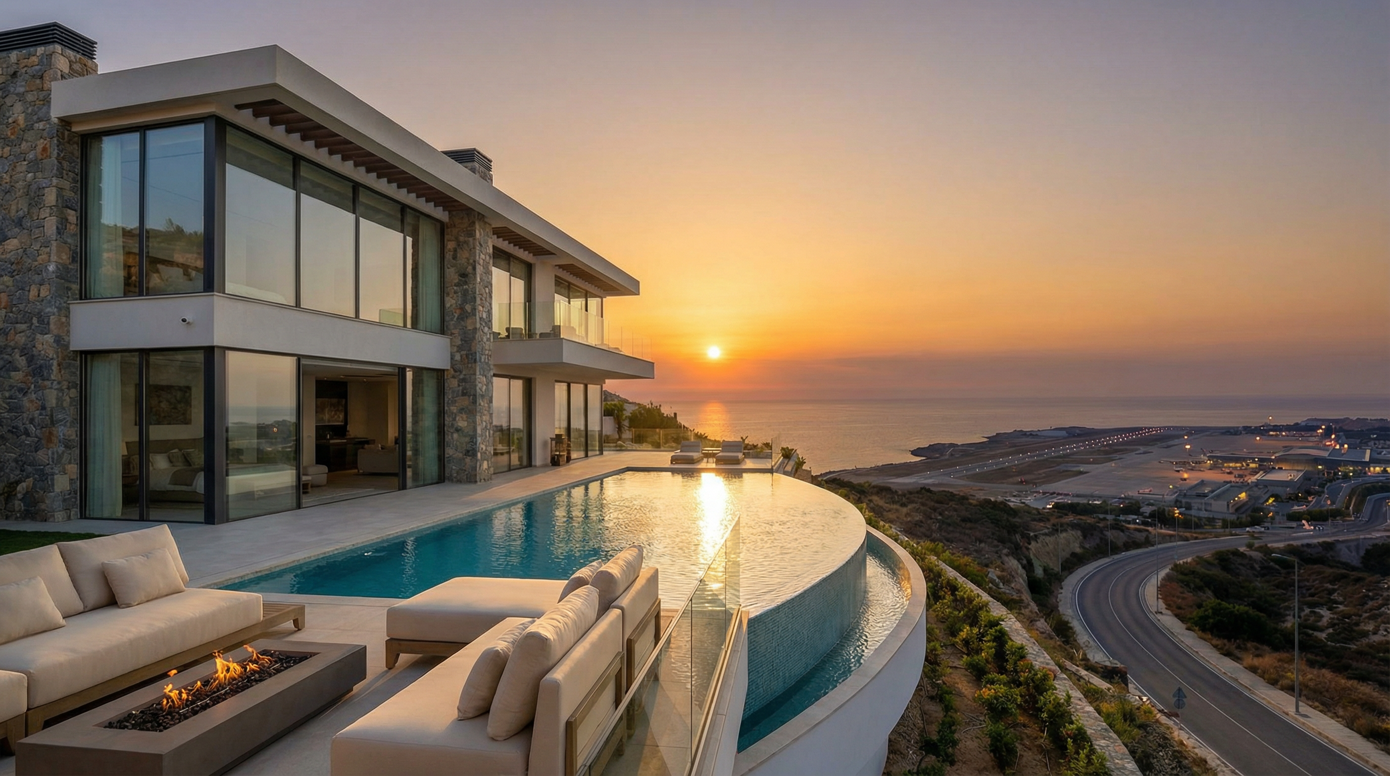 Villa moderne sur la Costa del Sol avec vue sur la Méditerranée et des éléments de l'aéroport de Málaga en arrière-plan, capturant l'atmosphère immobilière dynamique.