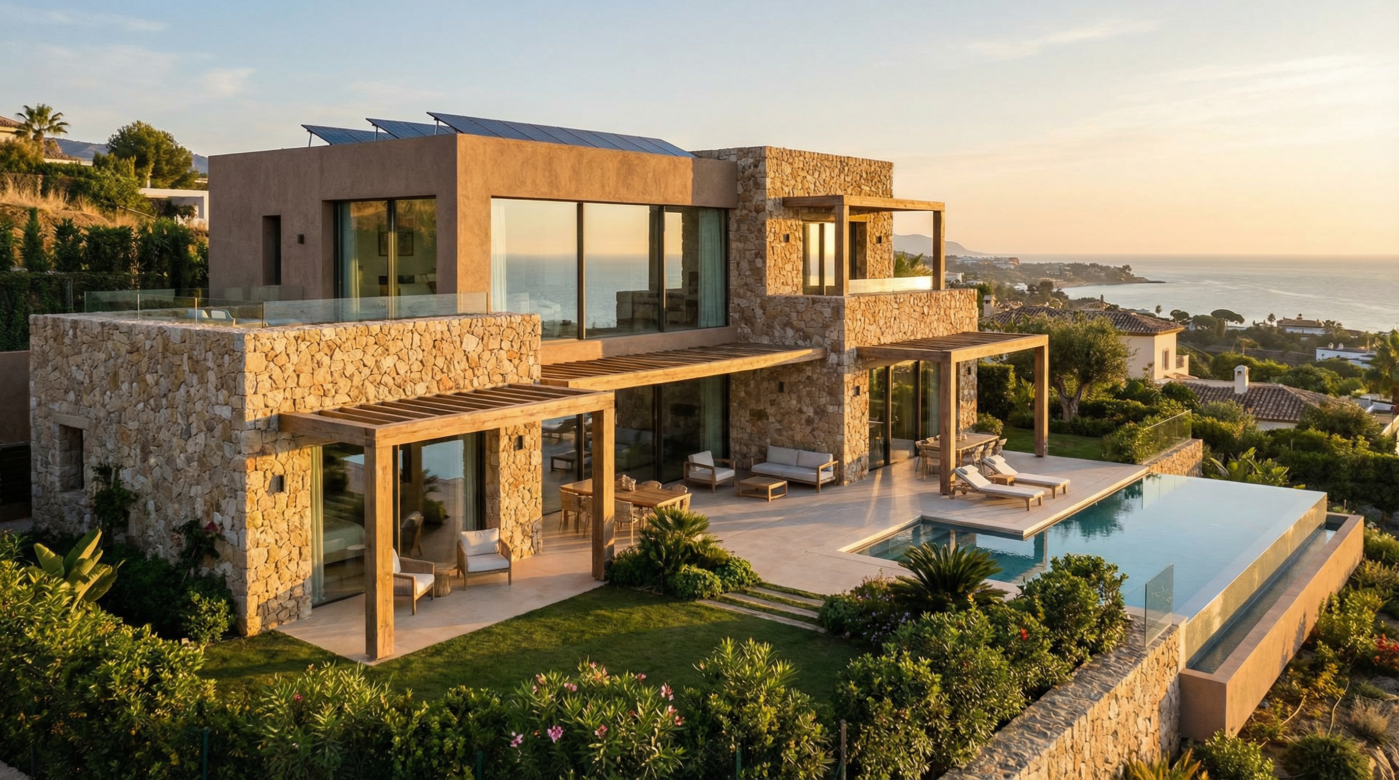 Moderne Mediterrane villa aan de Costa del Sol, met aardetinten, grote glazen oppervlakken en weelderige tuinen, gefotografeerd tijdens het gouden uur.