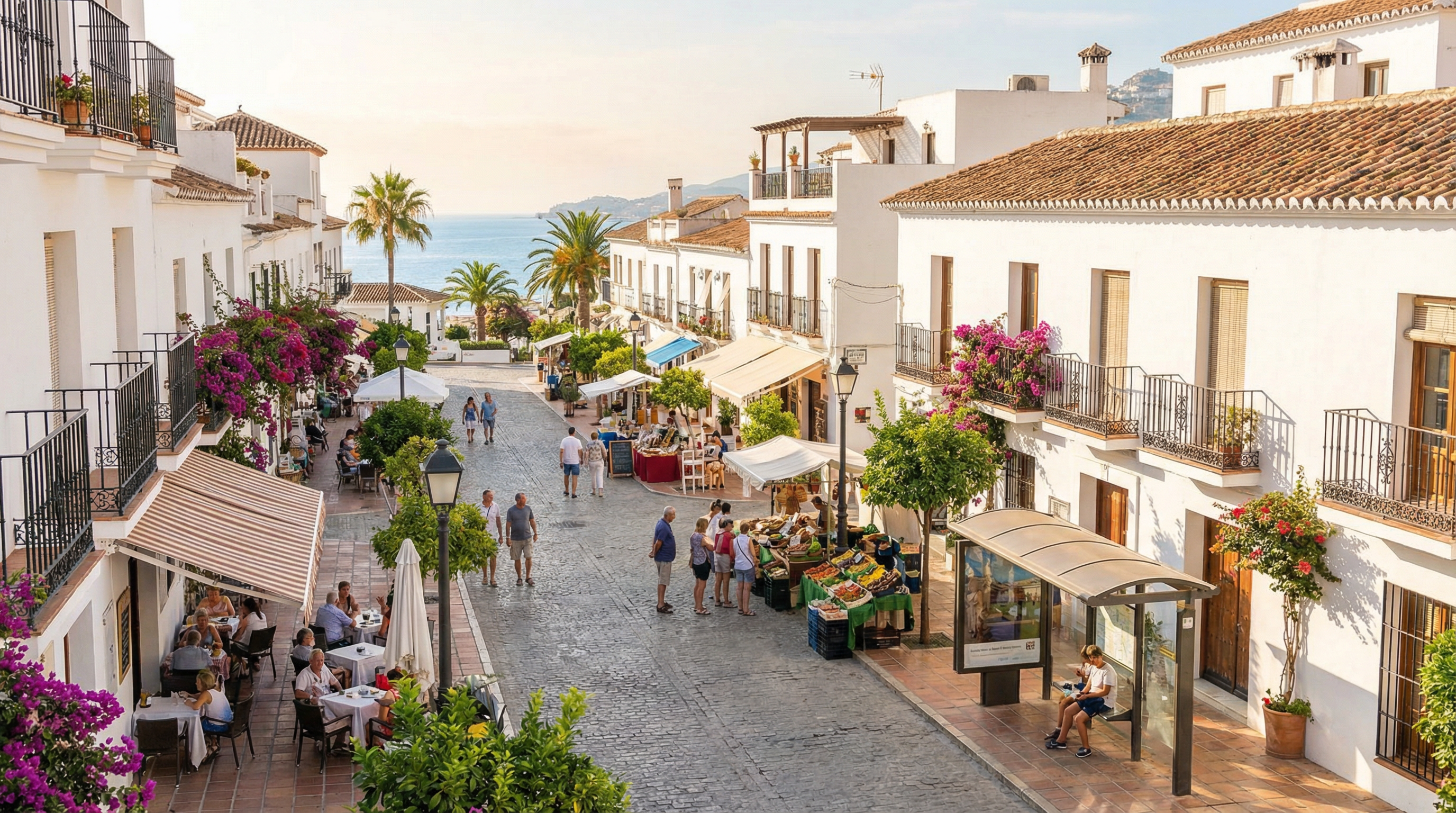 Livlig gade i Costa del Sol med mennesker, der nyder en bilfri livsstil blandt hvidkalkede bygninger og farverige tage.