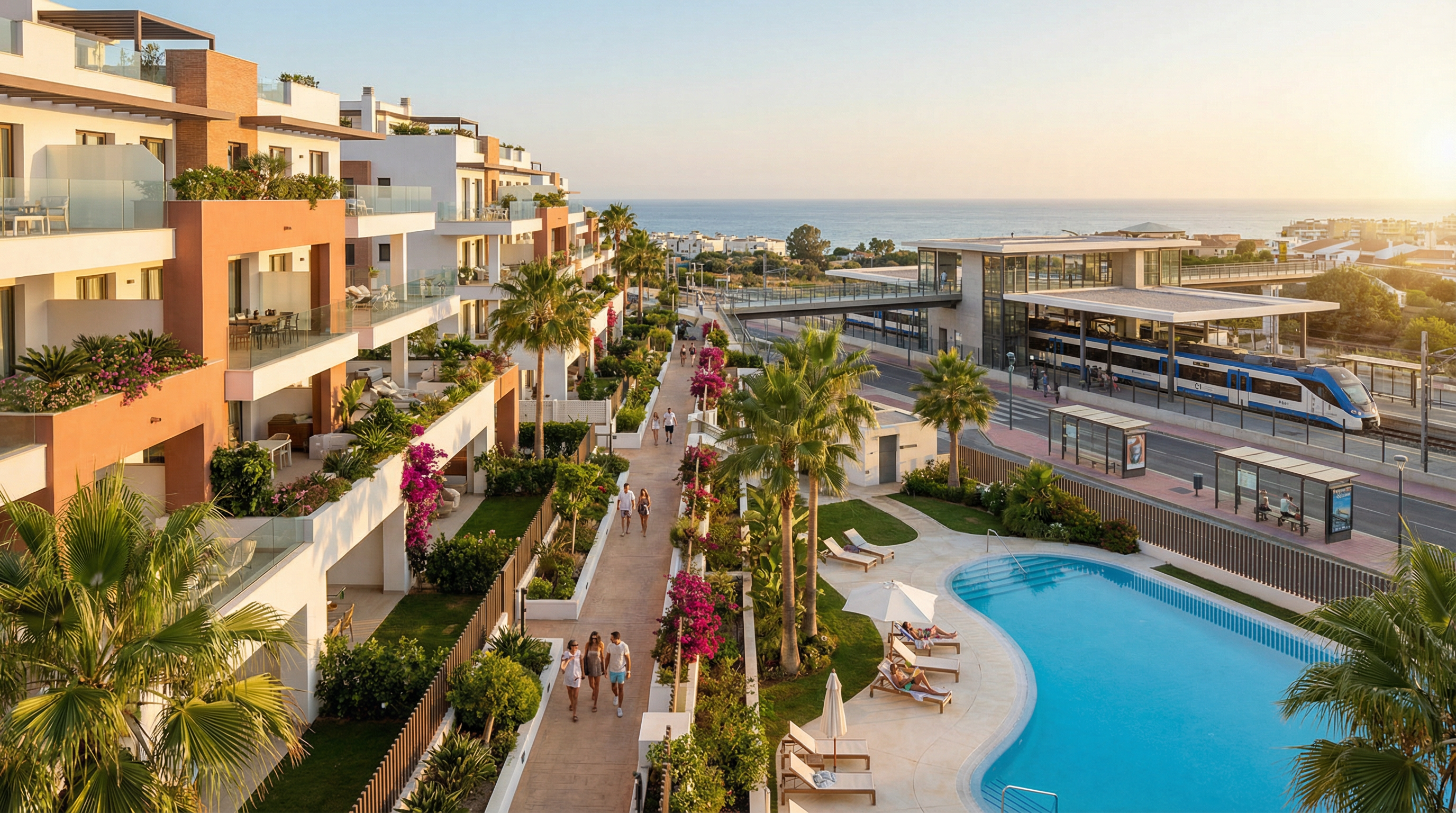 Modern lägenhetskomplex längs Málaga–Torremolinos–Benalmádena–Fuengirola-korridoren, med fokus på tillgänglighet till kollektivtrafik och livsstil vid Costa del Sol.