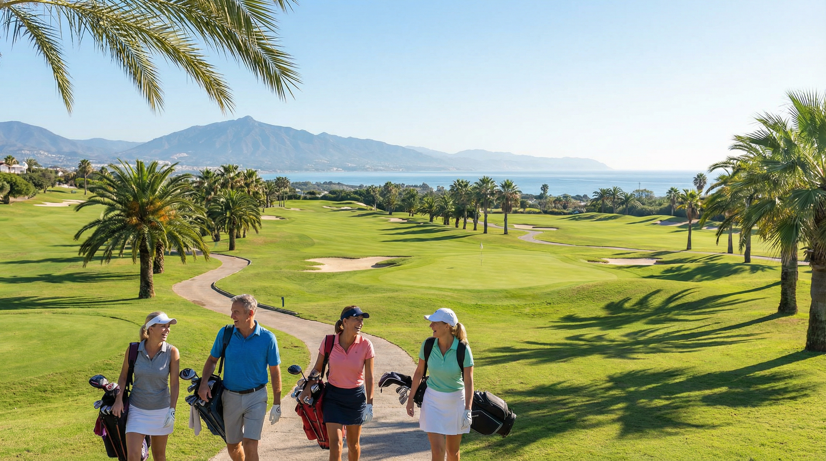 Costa del Sol golfpálya lenyűgöző kilátással, zöld fairwayekkel, világos kék ég alatt, sportolók aktív életmódot folytatva.
