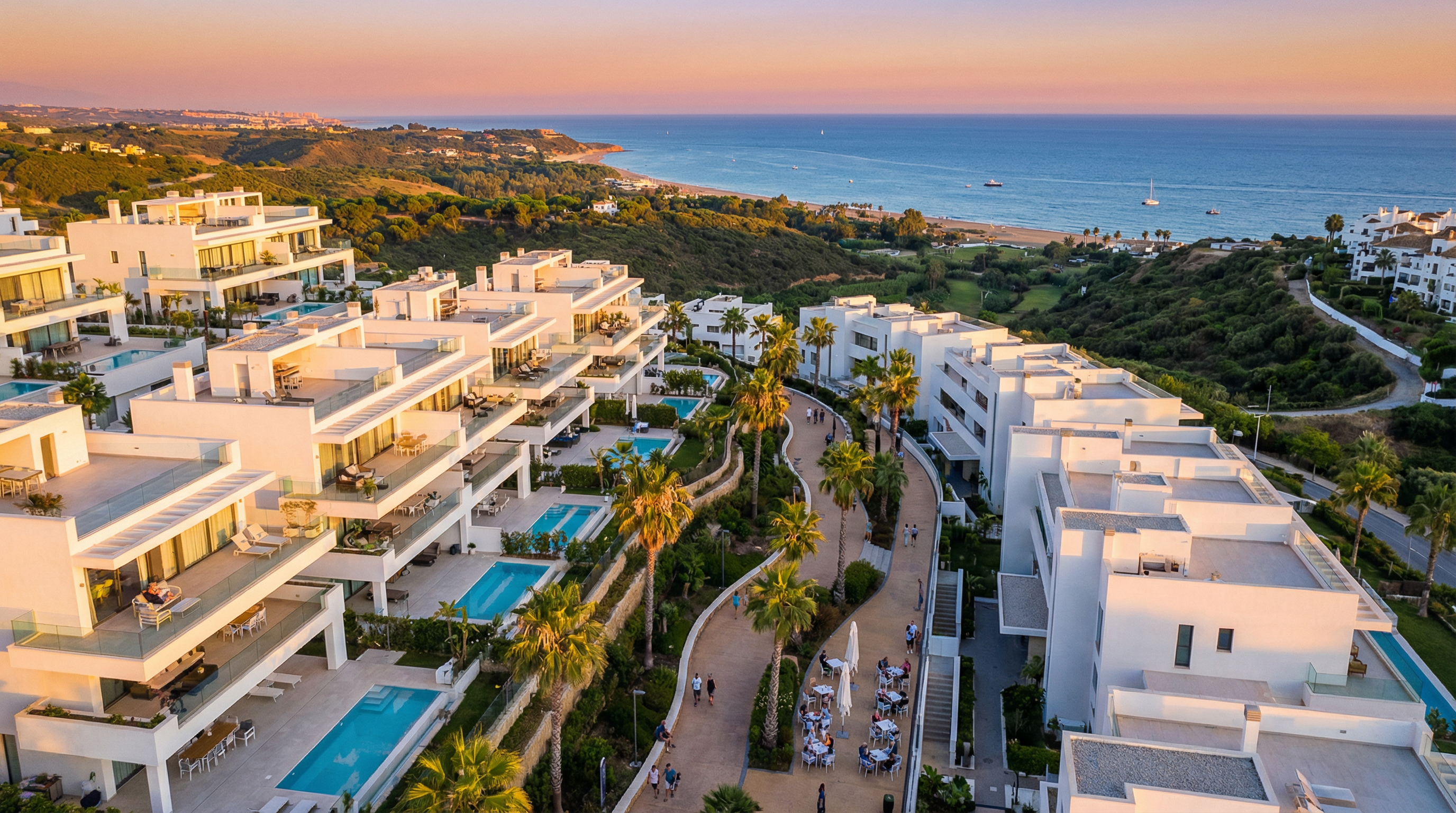 Légifelvétel a Costa del Sol modern lakófejlesztéséről, mediterrán építészettel, tágas erkélyekkel és a tengerre néző kilátással.