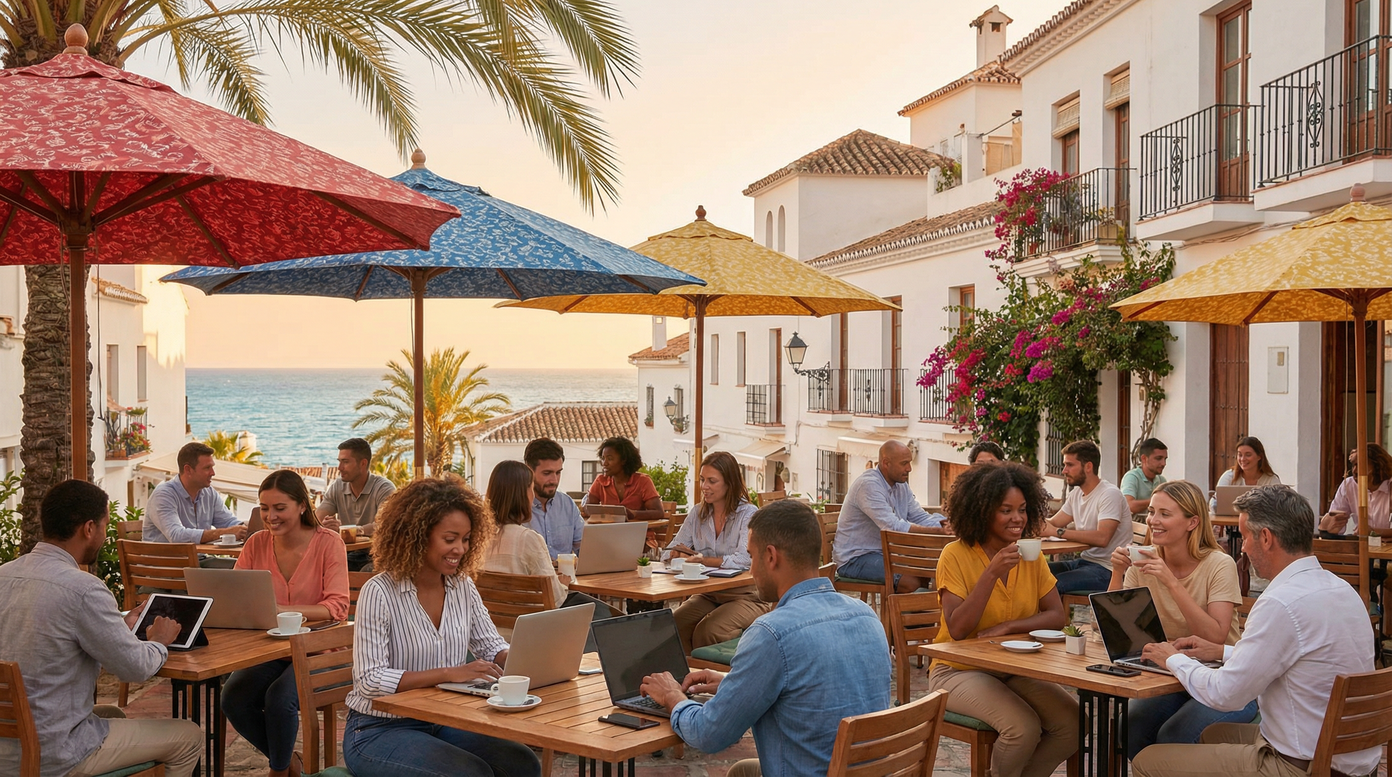Digitala nomader arbetar på laptops på ett livligt utomhuscafé i Costa del Sol, omgiven av palmer och med medelhavsinspirerad arkitektur.