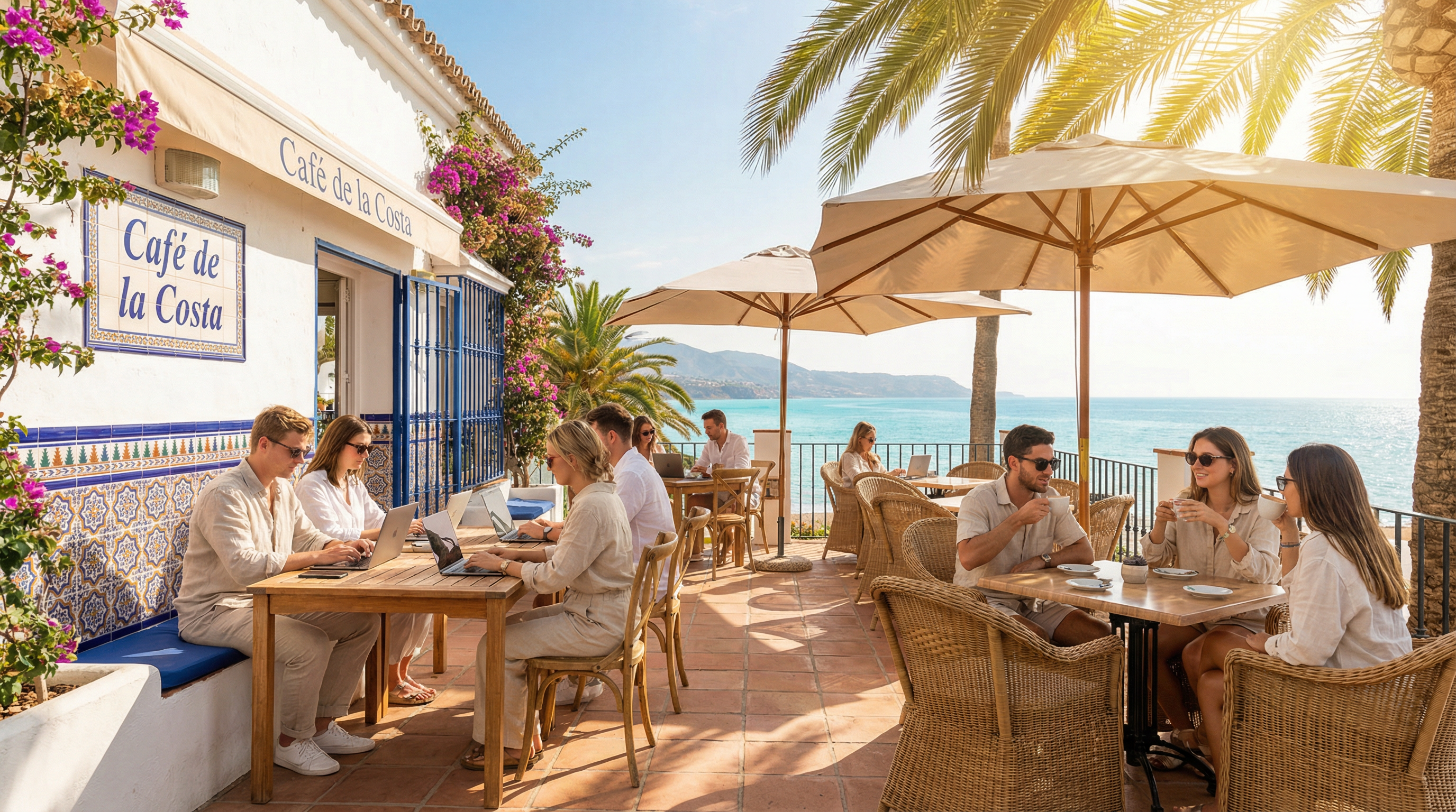 Vibrant café scene in Marbella, Costa del Sol, with digital nomads working on laptops beside the Mediterranean Sea, palm trees casting shadows.