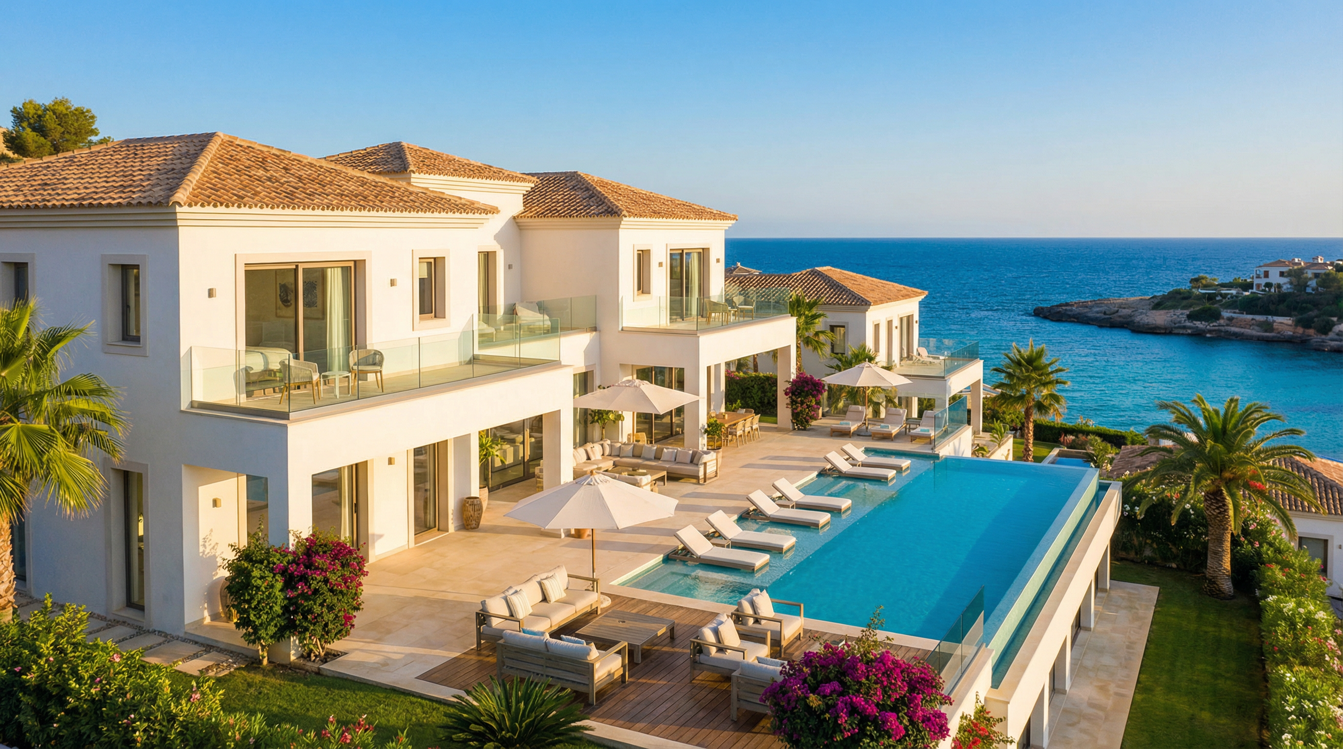 En betagende kystudsigt af en luksuriøs branded residence i Costa del Sol med elegant mediterransk arkitektur, infinity pool og palmer.