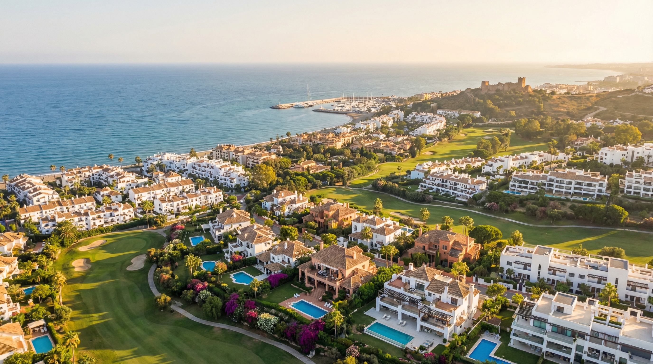 Vue aérienne spectaculaire de la Costa del Sol, montrant Marbella et Estepona avec leur architecture méditerranéenne et des villas ensoleillées.