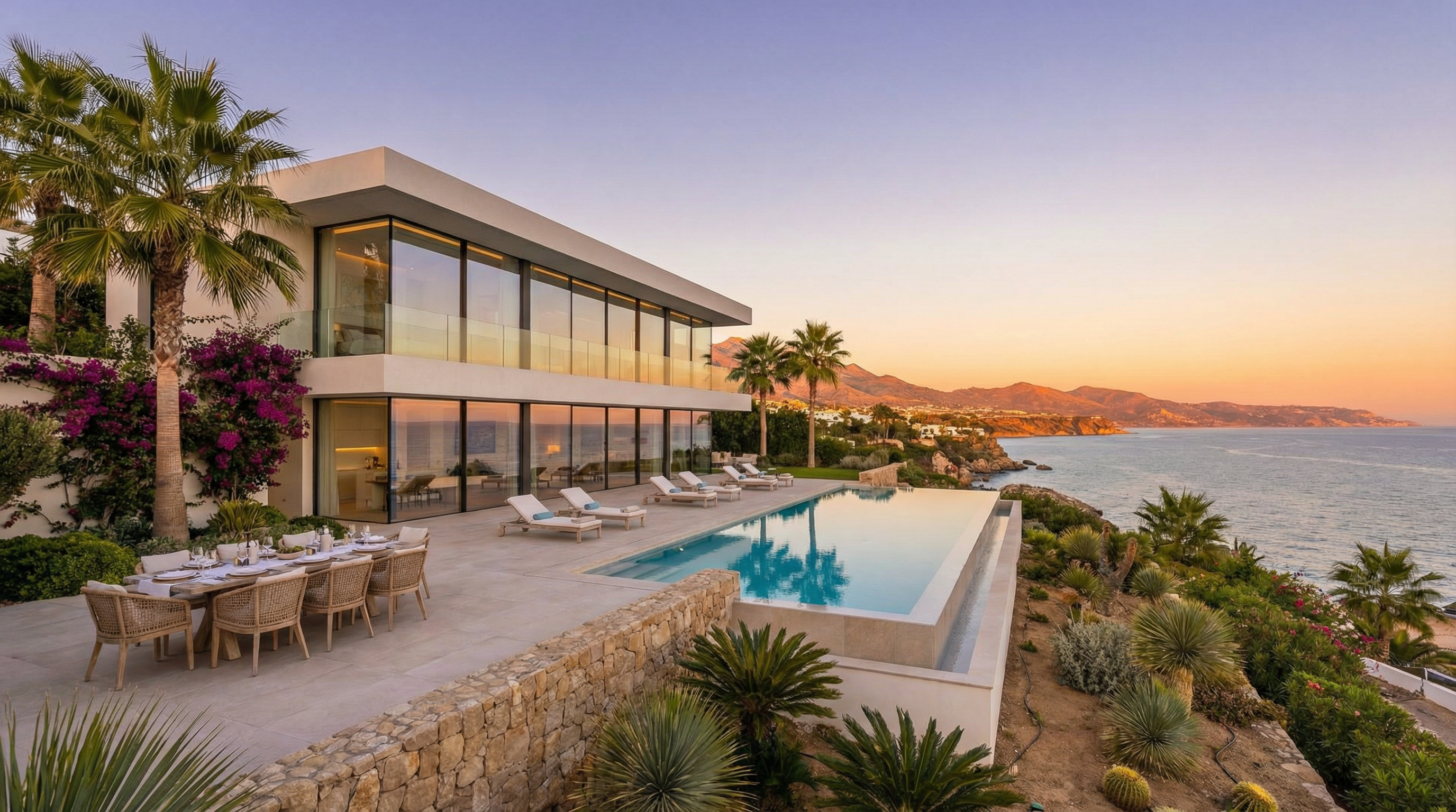 Panoramic view of a contemporary villa on the Costa del Sol with sleek architecture, infinity pool, and lush gardens at golden hour.