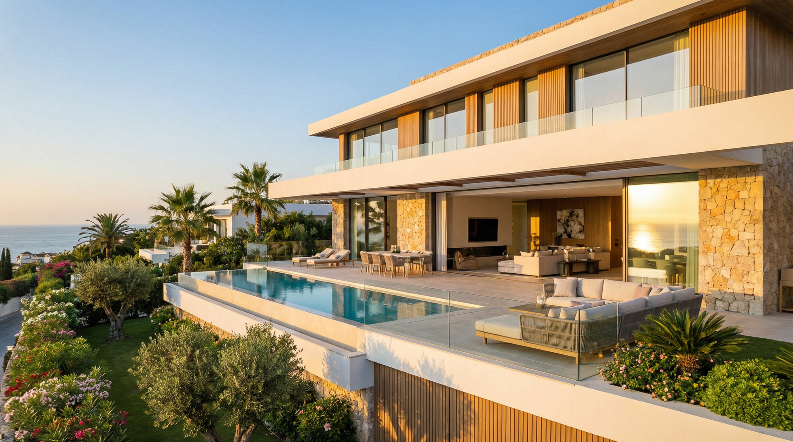 A luxurious new-build villa on the Costa del Sol, showcasing modern architecture with large glass windows and a stunning terrace overlooking the Mediterranean Sea.