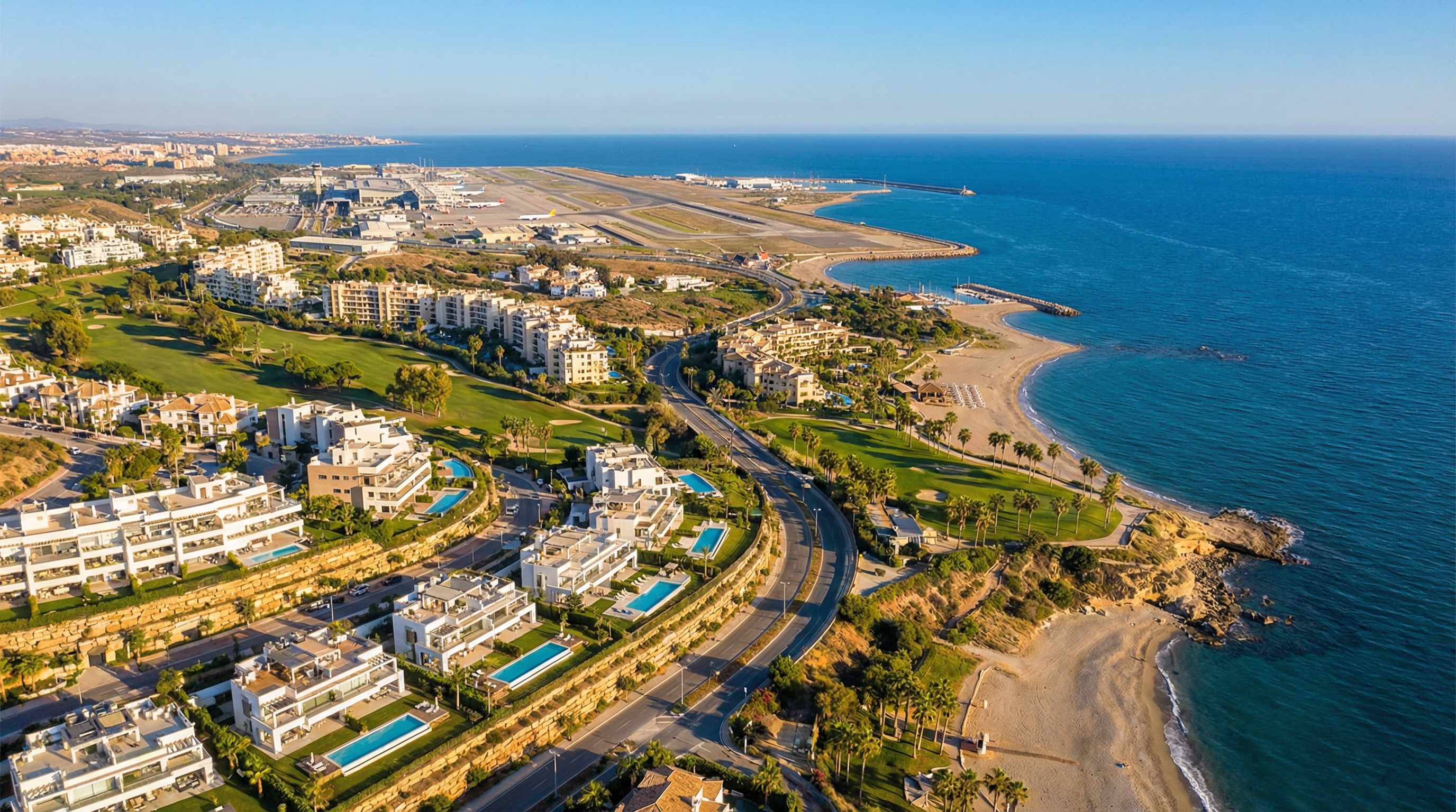Aerial view of Costa del Sol coastline featuring luxury properties near Málaga-Costa del Sol Airport, vibrant Mediterranean landscape with beaches and golf courses.