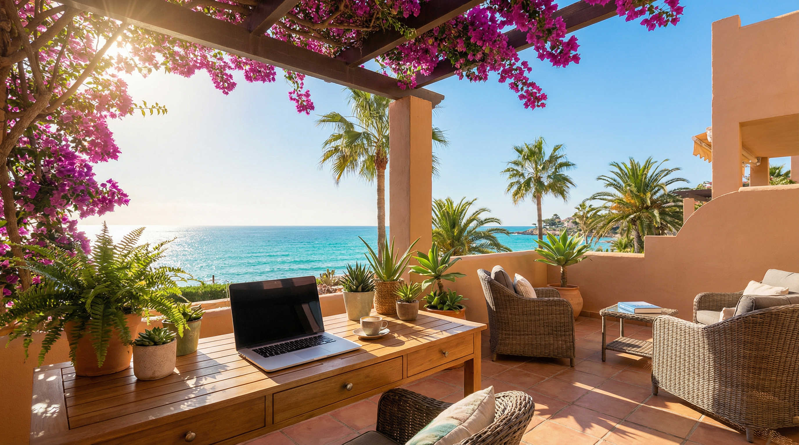 Solfylt terrasse med utsikt over Middelhavet, stilfullt utearbeidsområde med laptop og kaffekopp, Costa del Sol.