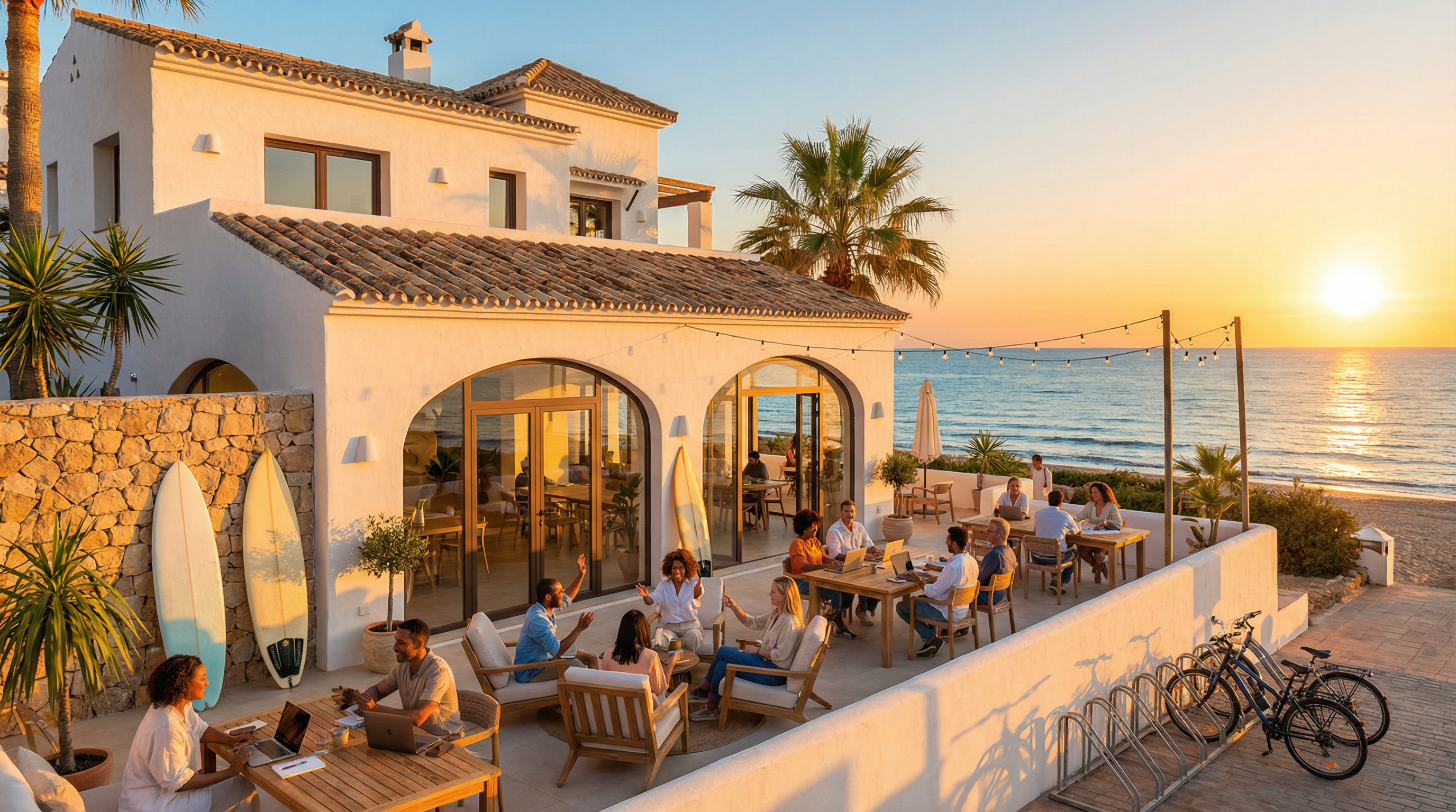 En moderne co-working plads ved Costa del Sol, fyldt med digitale nomader, der arbejder ved solnedgang. Smuk middelhavsinspireret arkitektur og surfboards.
