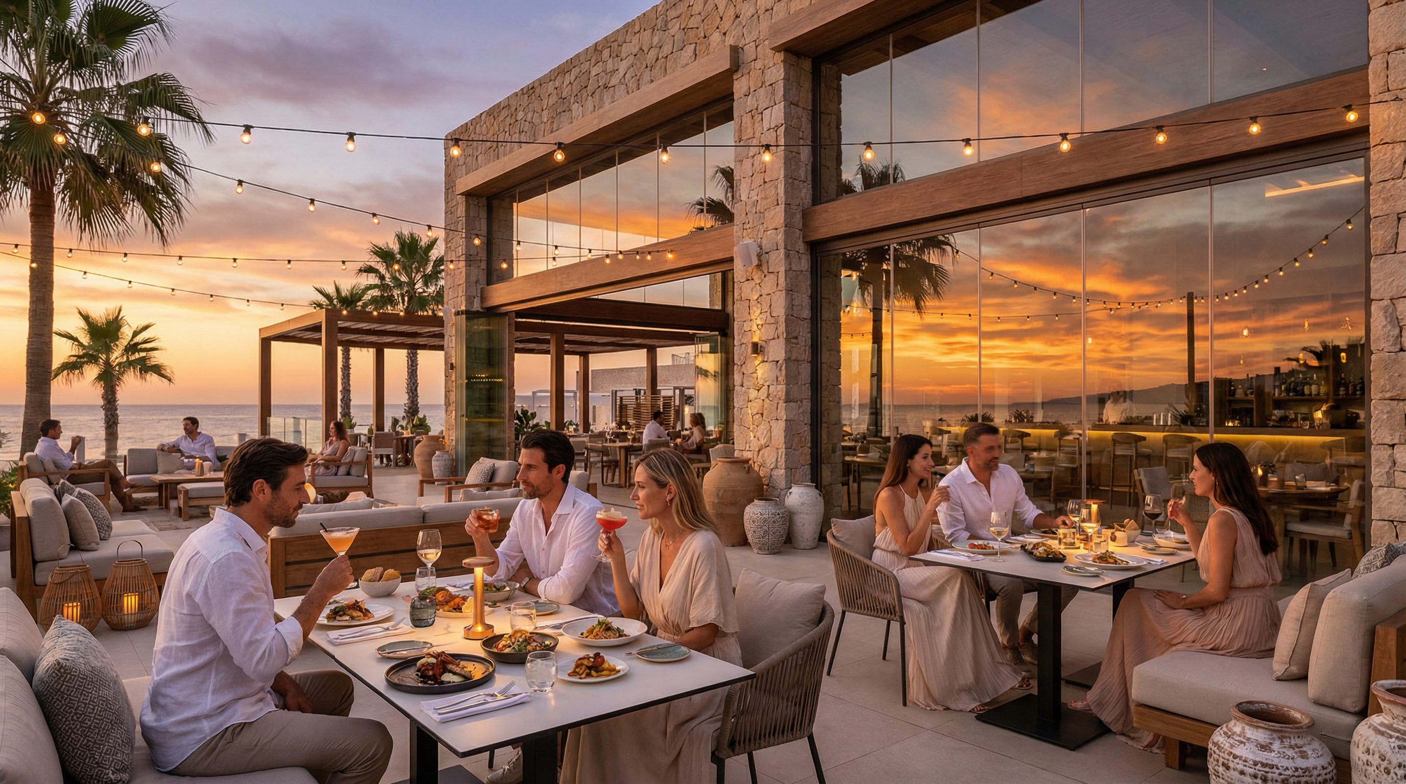 Luxus életstílus jelenet a Costa del Solon, naplementében elegáns étkezés és koktélok, modern mediterrán építészet a háttérben.