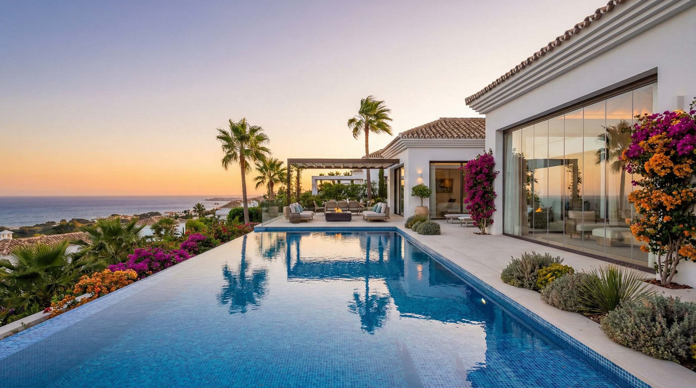 Nowoczesna willa na Costa del Sol z widokiem na ocean, z białymi ścianami, terrakotowym dachem i luksusowym basenem w zachodzącym słońcu.