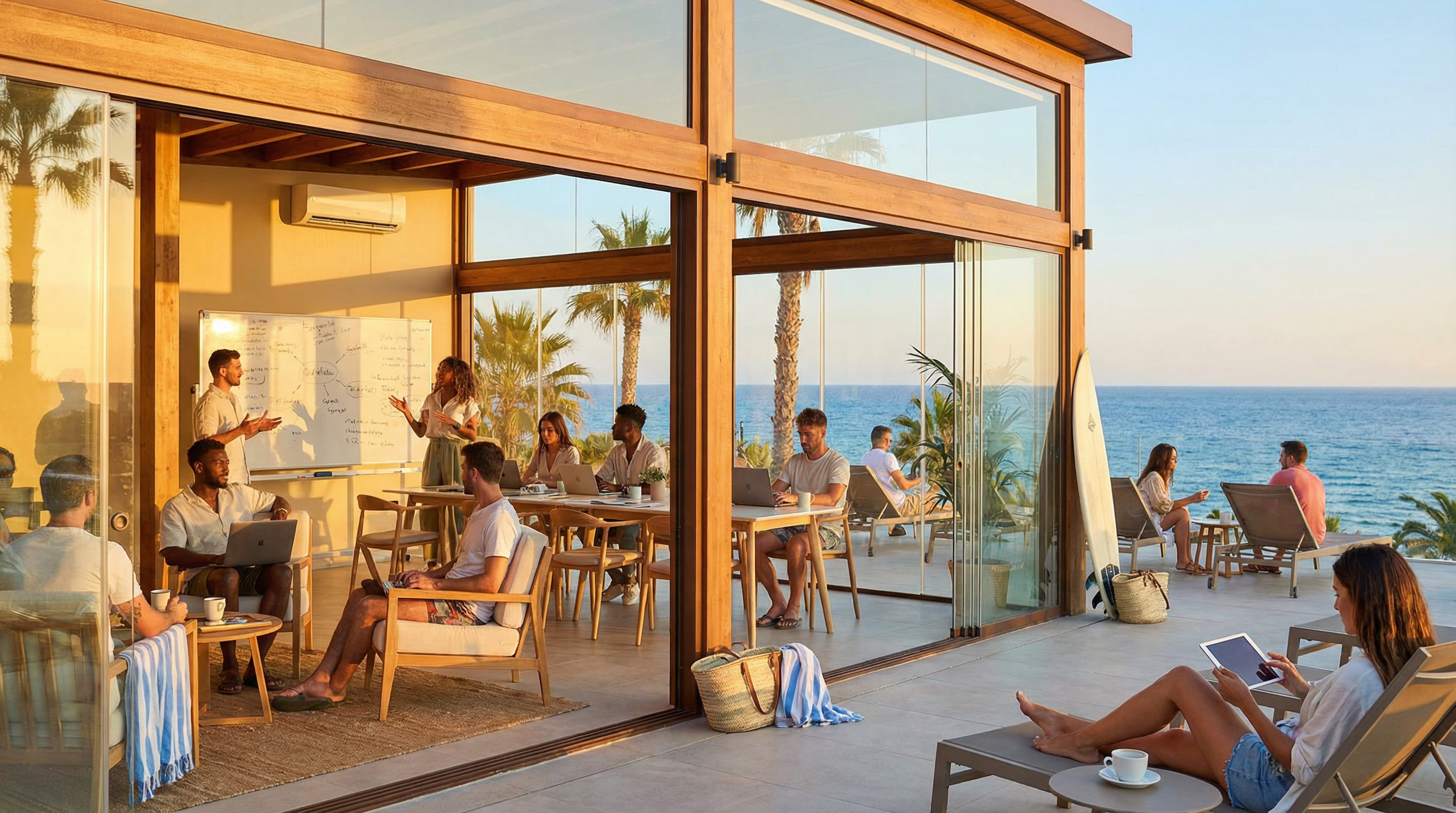 Moderni coworking-tila Costa del Solilla, jossa diginomadit työskentelevät merinäköalan äärellä, palmujen ja auringonpaisteen ympäröimänä.