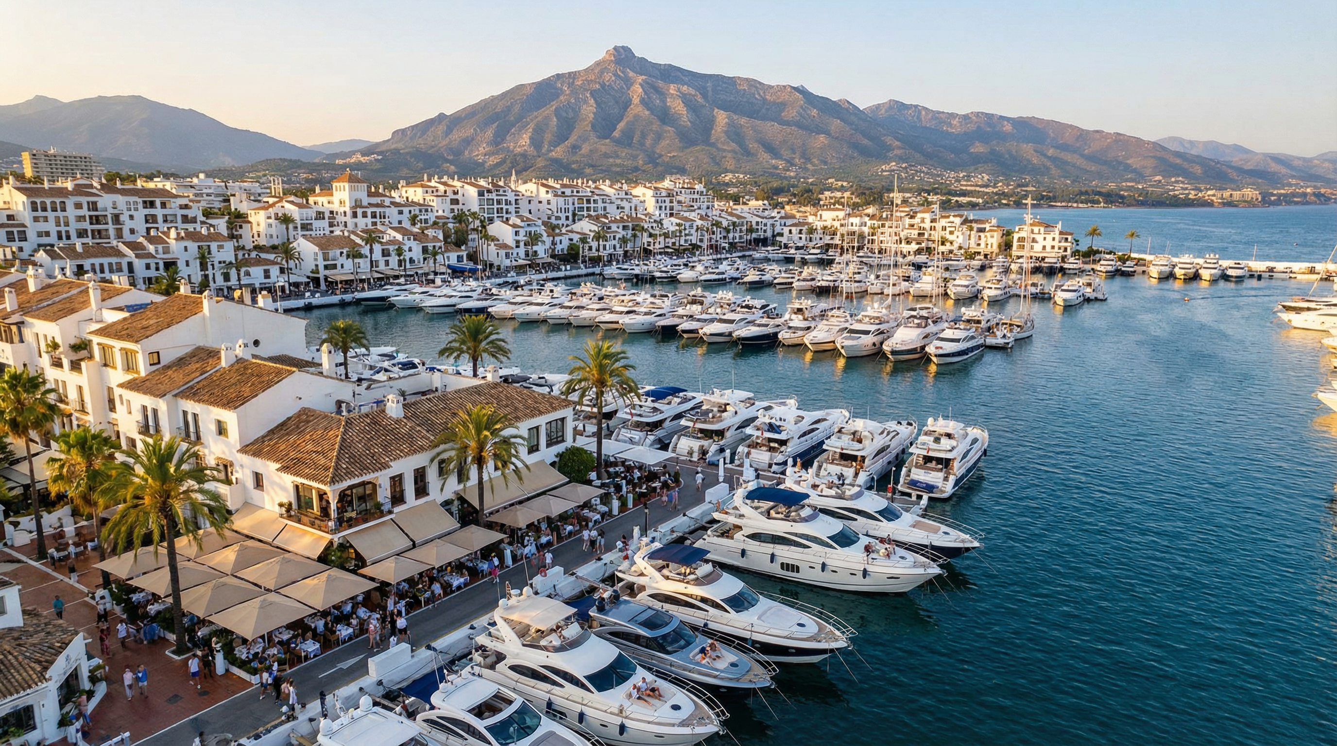 Luchtfoto van Puerto Banús aan de Costa del Sol met luxe jachten in de jachthaven, palmbomen en elegante restaurants aan het strand.