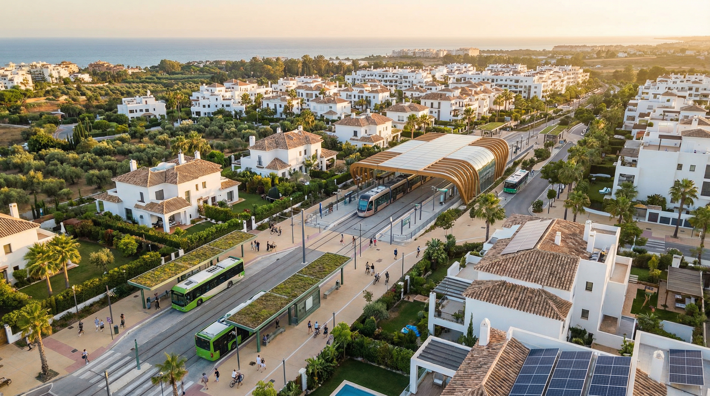 Ilmakuva modernista asuinalueesta Costa del Solilla, jossa on Välimeren tyyliä, julkisen liikenteen solmuja ja vehreitä kävelyalueita.