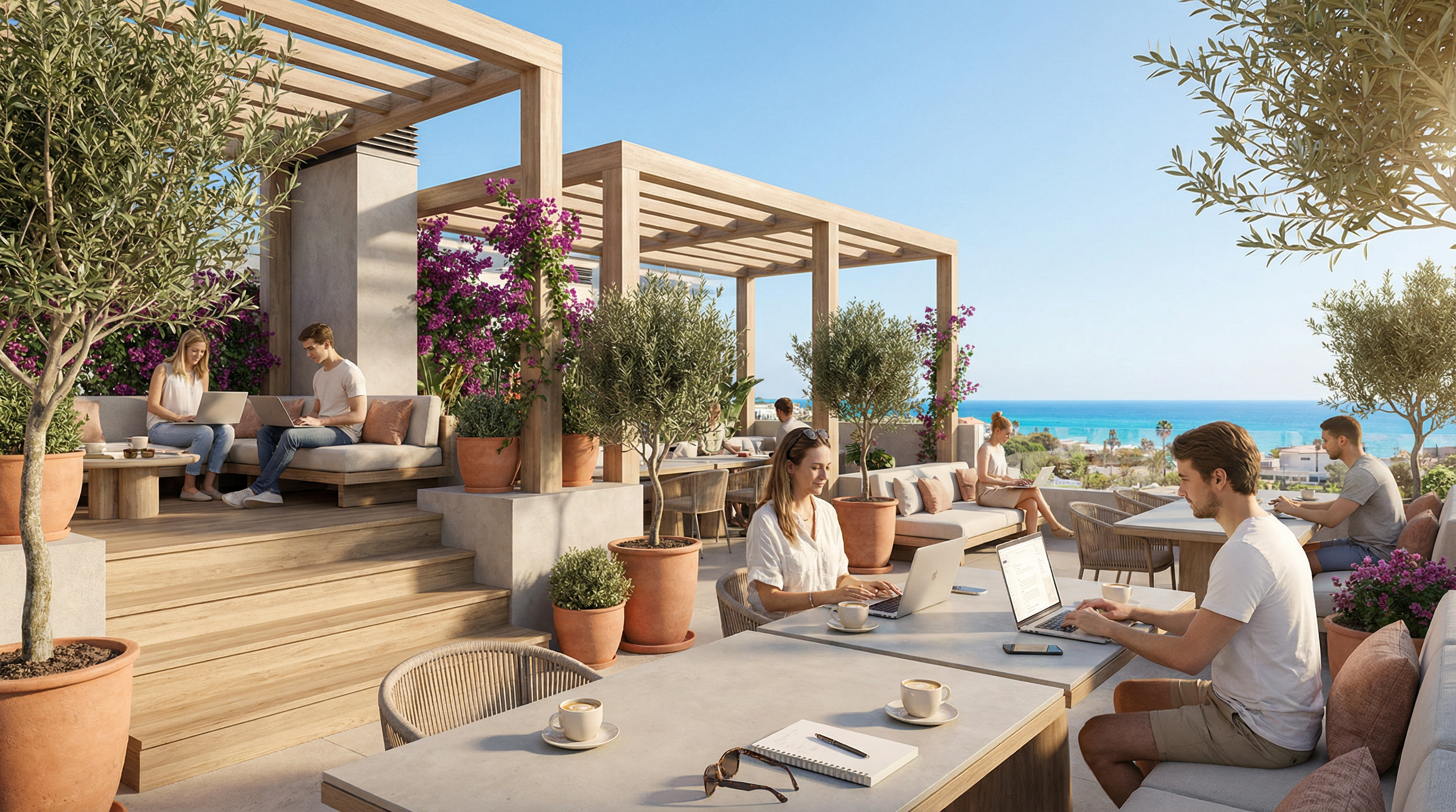Vibrant coworking space på Costa del Sol med moderna arkitektoniska inslag, människor som arbetar på laptops omgiven av grönska och havet.