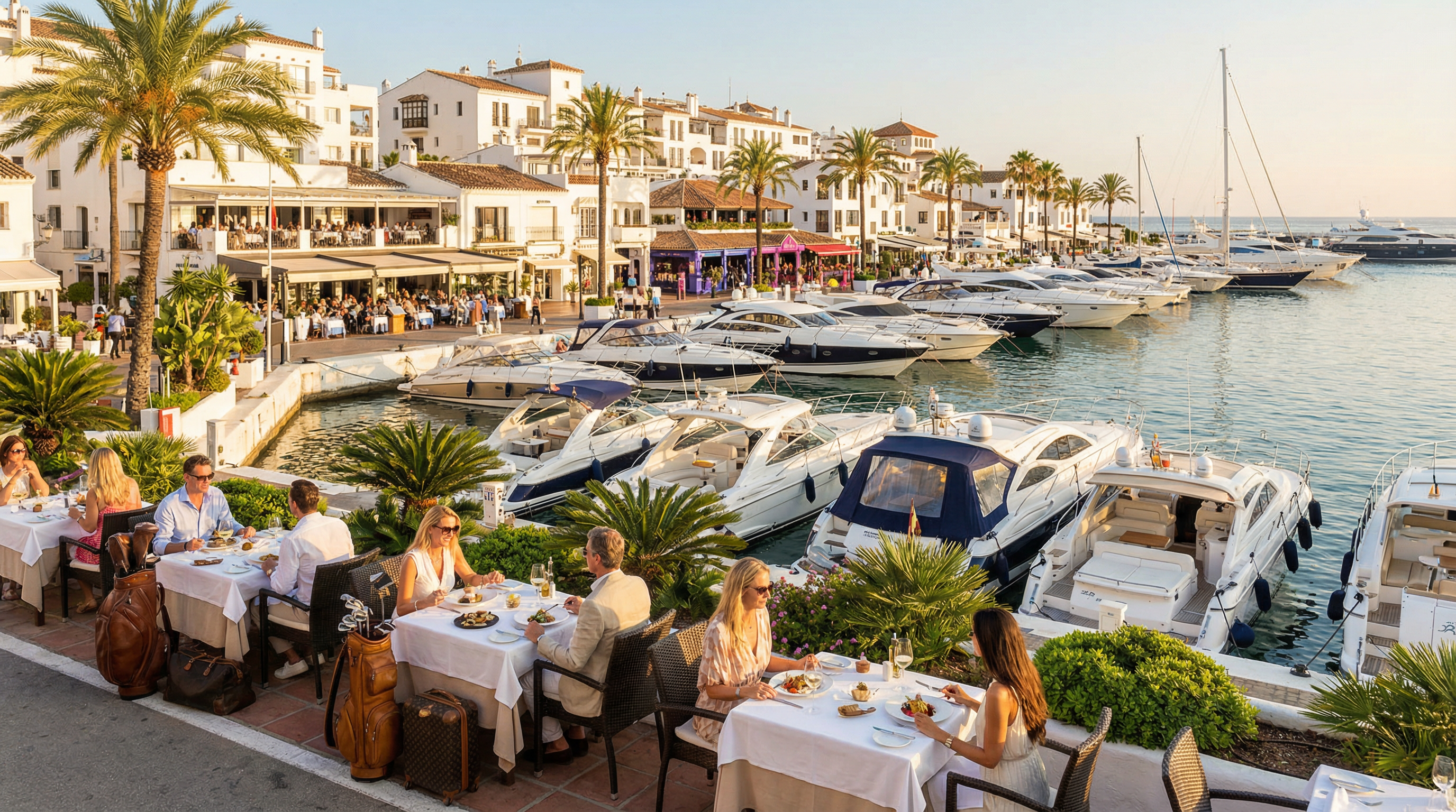 En fantastisk kustvy från Puerto Banús med lyxiga yachter, eleganta restauranger och människor som njuter av fint middagsliv under solens gyllene ljus.