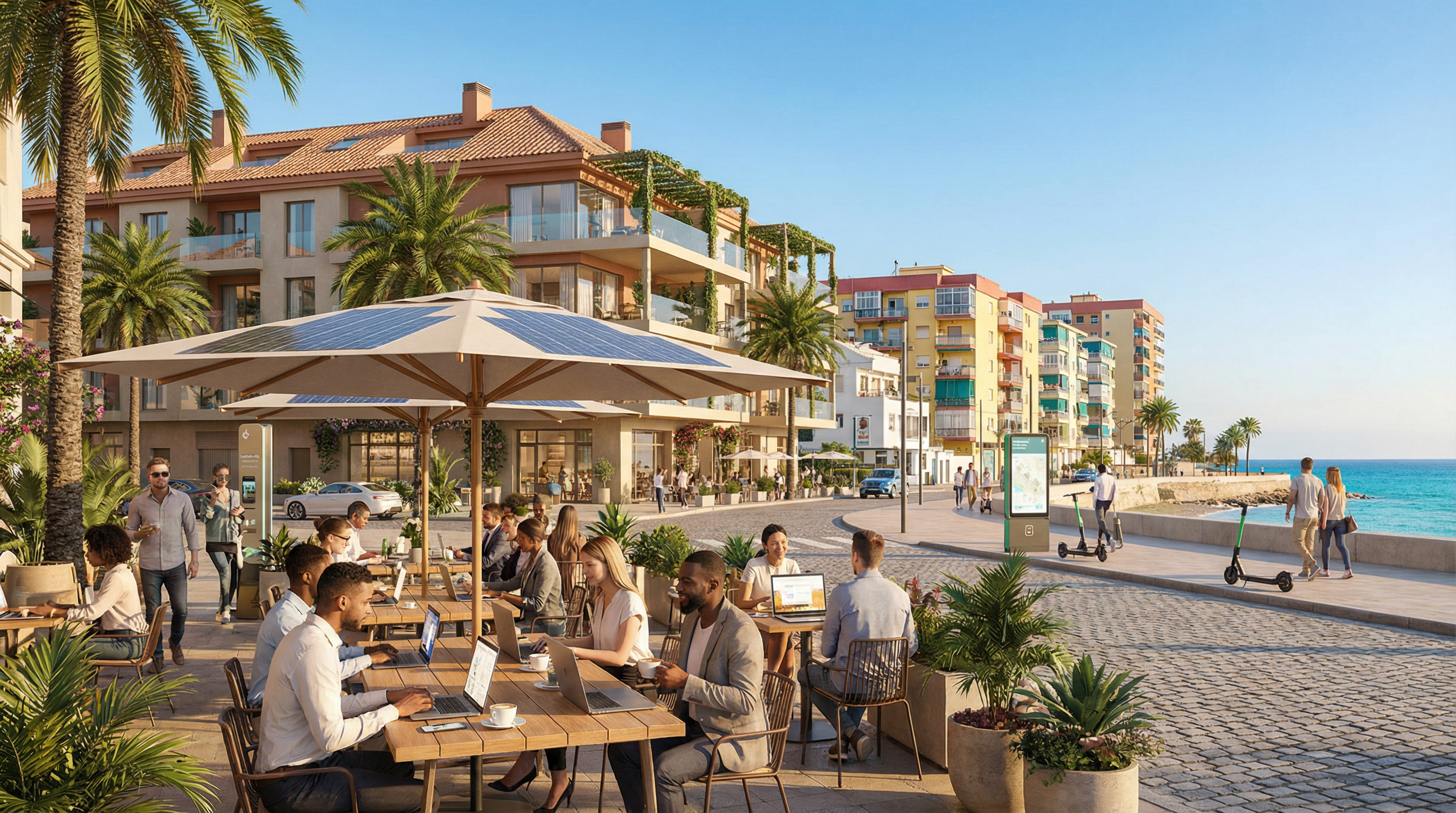 Livlig gade i et trendy kvarter på Costa del Sol med moderne arkitektur, digitale nomader arbejder på caféer under palmerne.