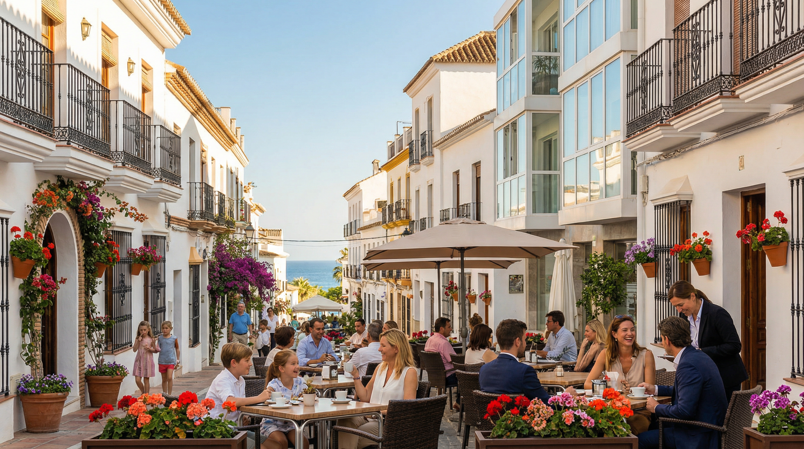 A vibrant street scene in a charming Costa del Sol neighborhood, featuring modern and traditional architecture, outdoor cafés, and lush greenery.