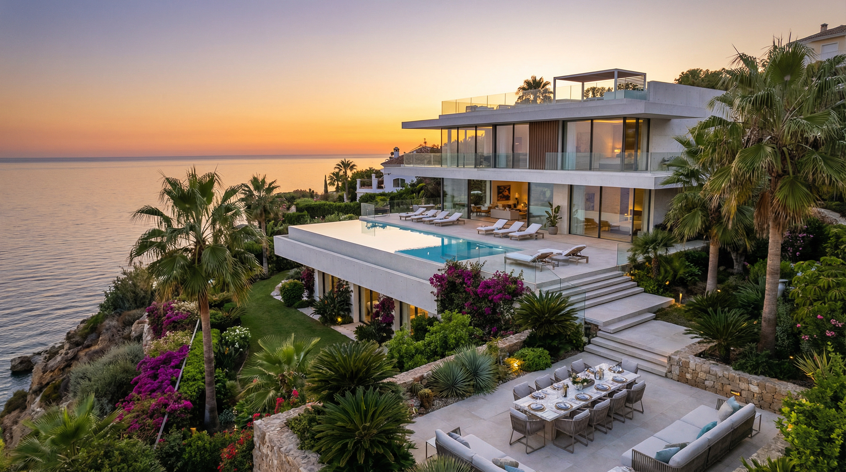 Widok z lotu ptaka na nowoczesną willę w Costa del Sol, z tarasem i widokiem na Morze Śródziemne, otoczoną zielenią i palmami.