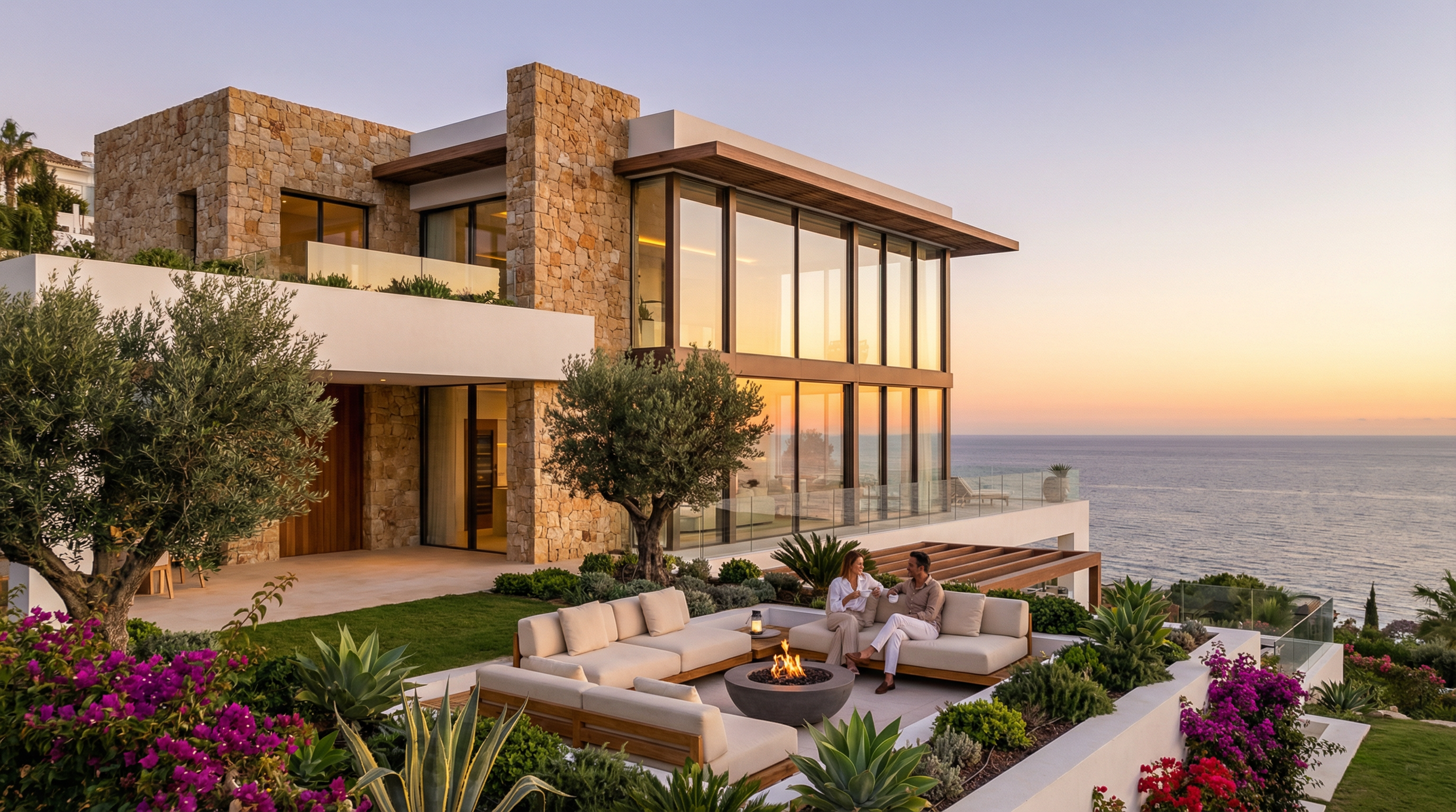 Moderne mediterrane Villa an der Costa del Sol mit Meerblick, großen Fensterfronten und gepflegtem Garten, ideal für Investoren.