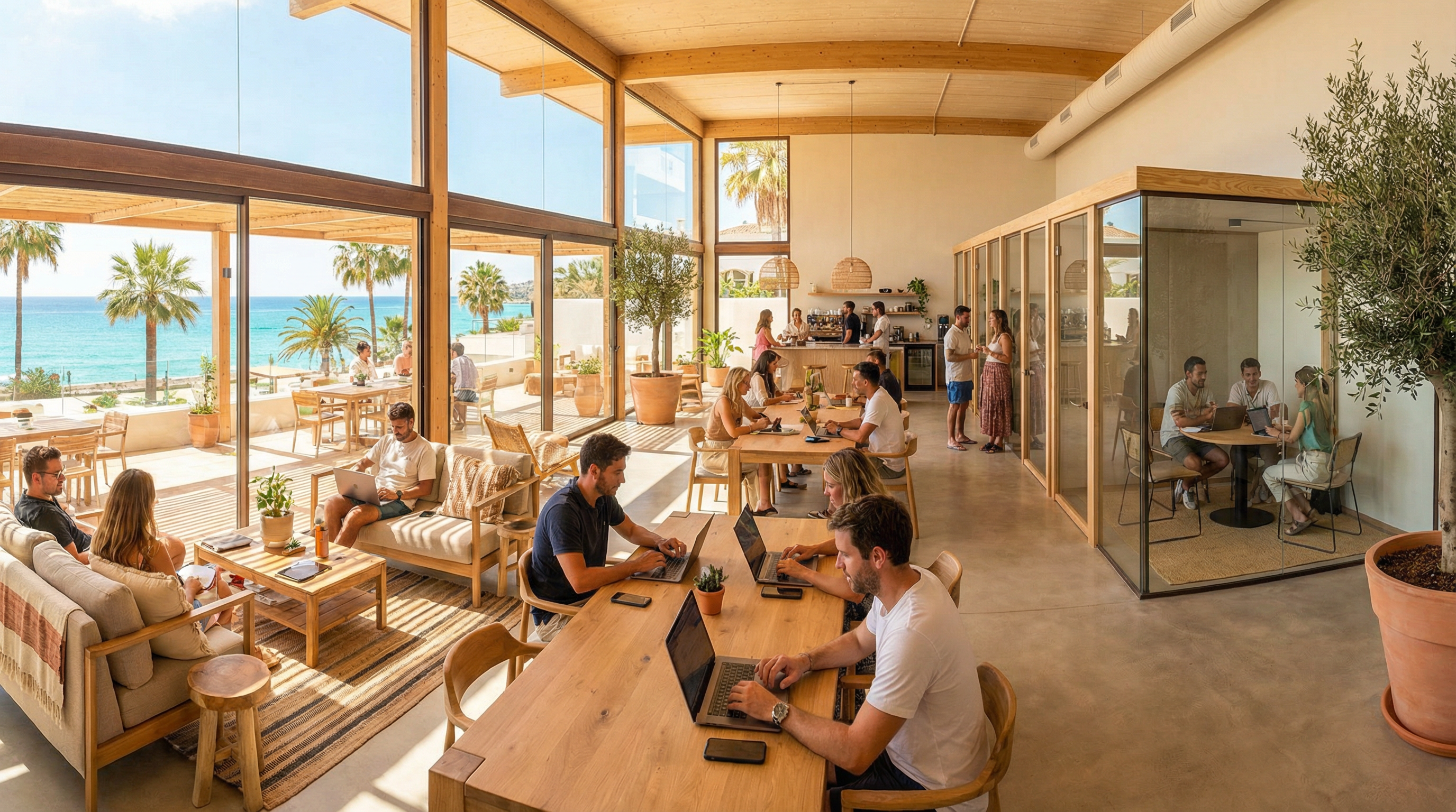 Panoramisch uitzicht op een modern coworking space in Marbella, Costa del Sol, met digitale nomaden die ontspannen werken onder de zon.
