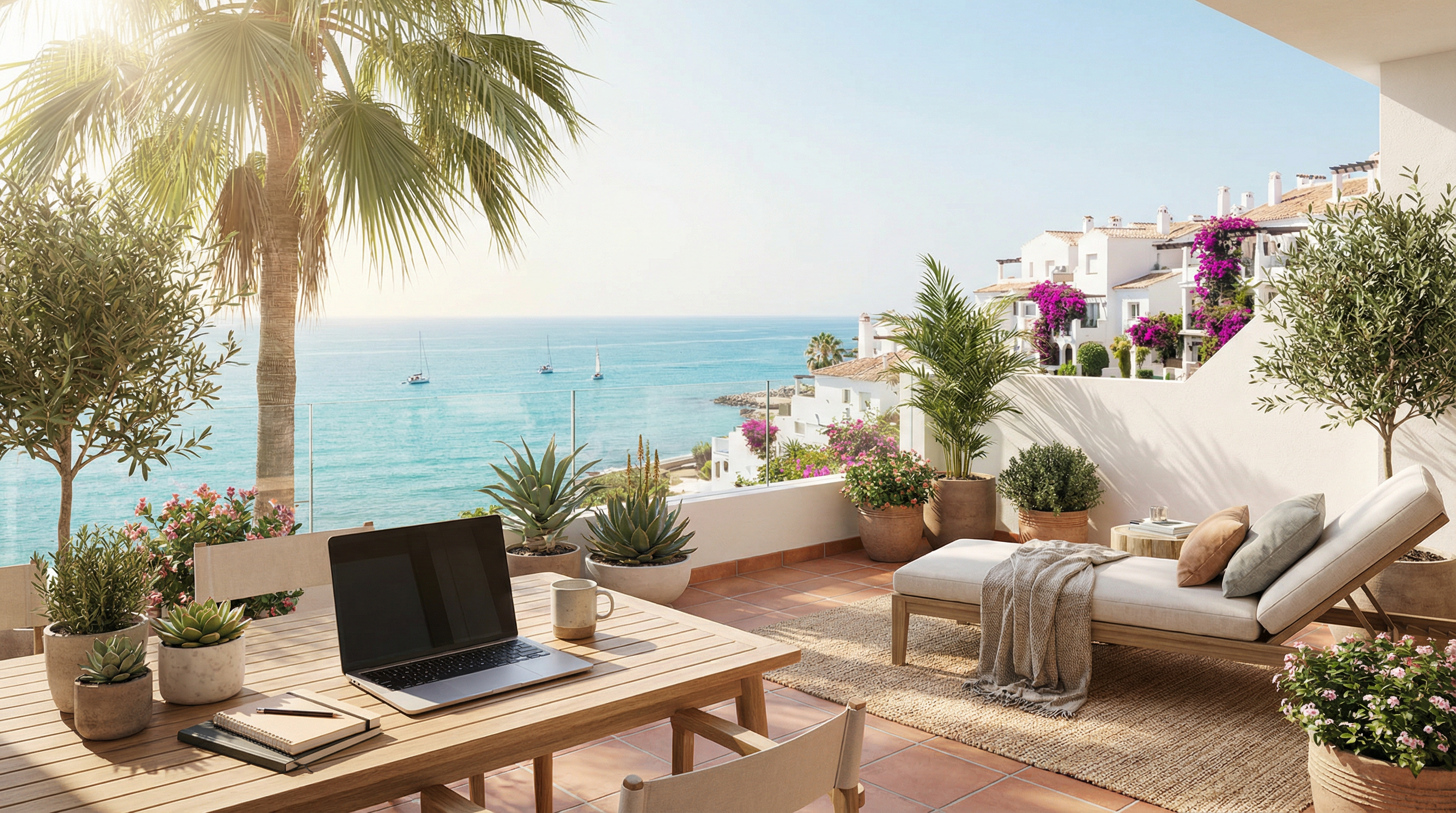 Solbeskinnet terrasse med havudsigt på Costa del Sol, der viser en stilfuld arbejdsplads med laptop, planter og komfortable møbler.