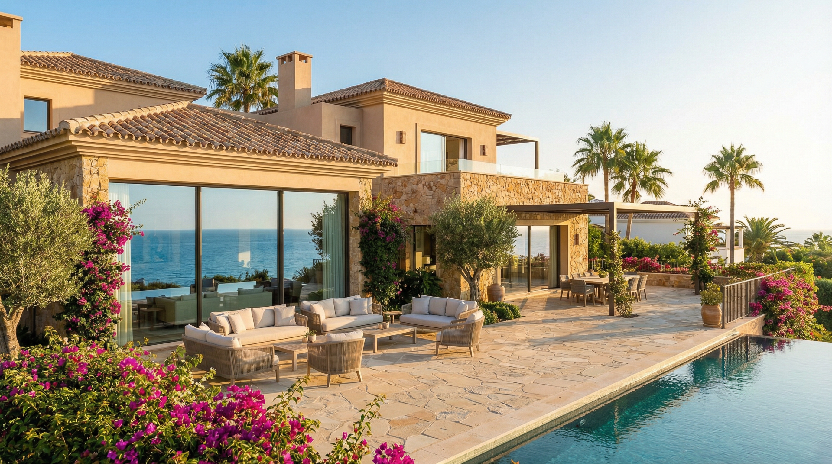Een prachtige villa aan de Costa del Sol met grote glazen ramen die de blauwe zee reflecteren, omgeven door weelderige tuinen en palmbomen.