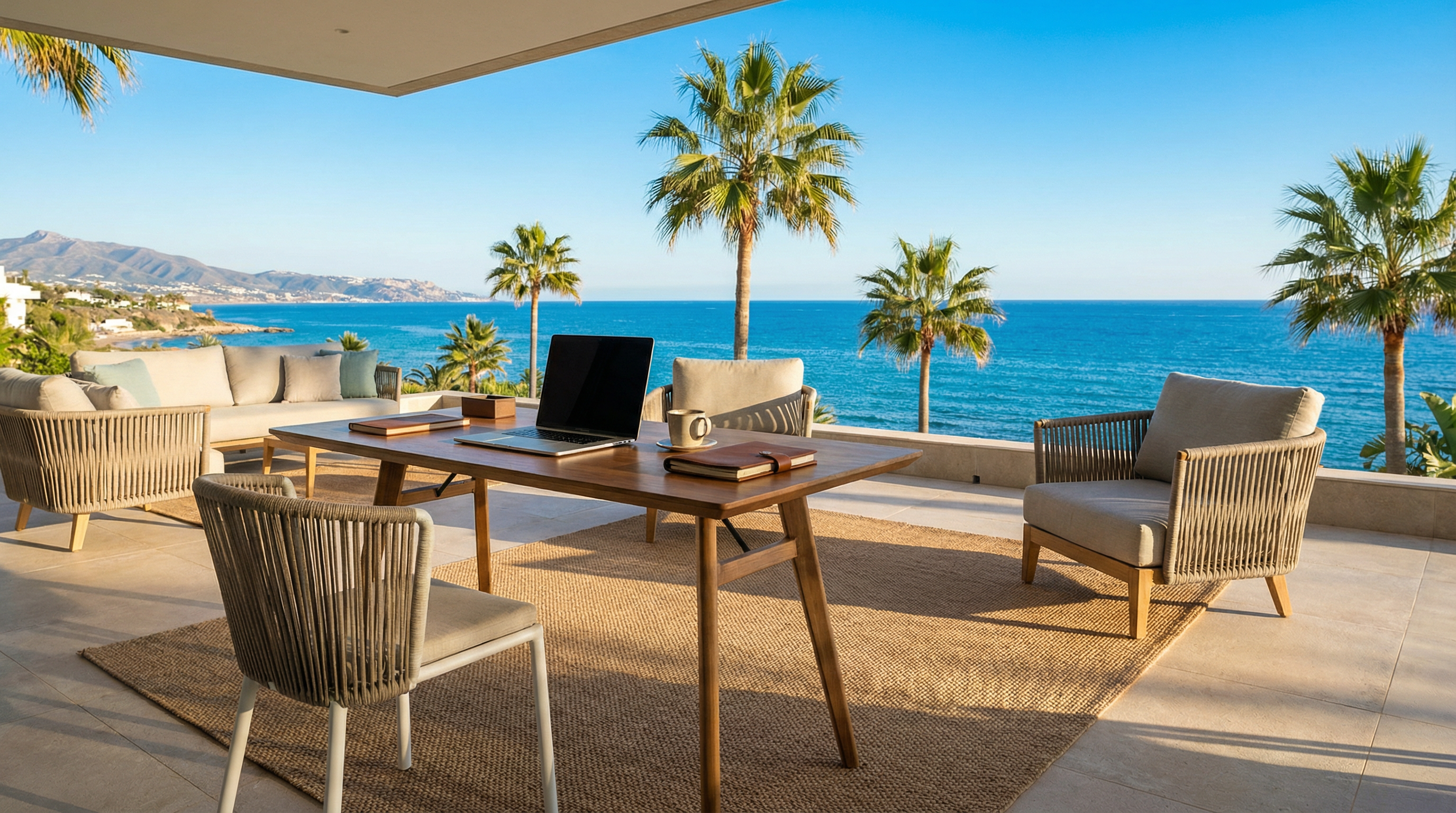 Moderne arbeidsplass på terrasse med havutsikt i Costa del Sol, laptop, kaffe og notatbok under palmer.