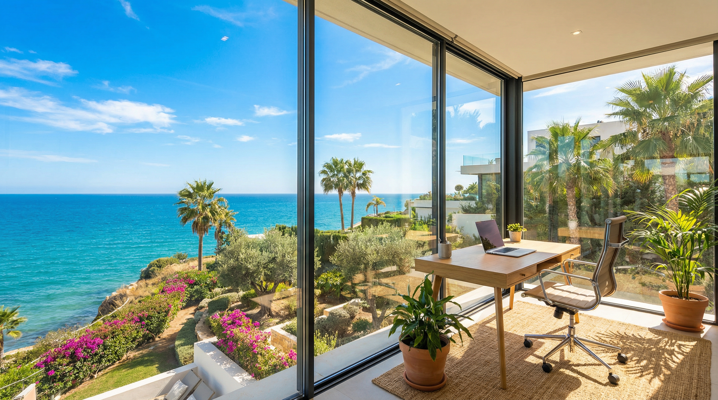 Moderne woning aan de Costa del Sol met een stijlvolle thuiswerkplek en uitzicht op de Middellandse Zee, omgeven door weelderige tuinen en palmbomen.