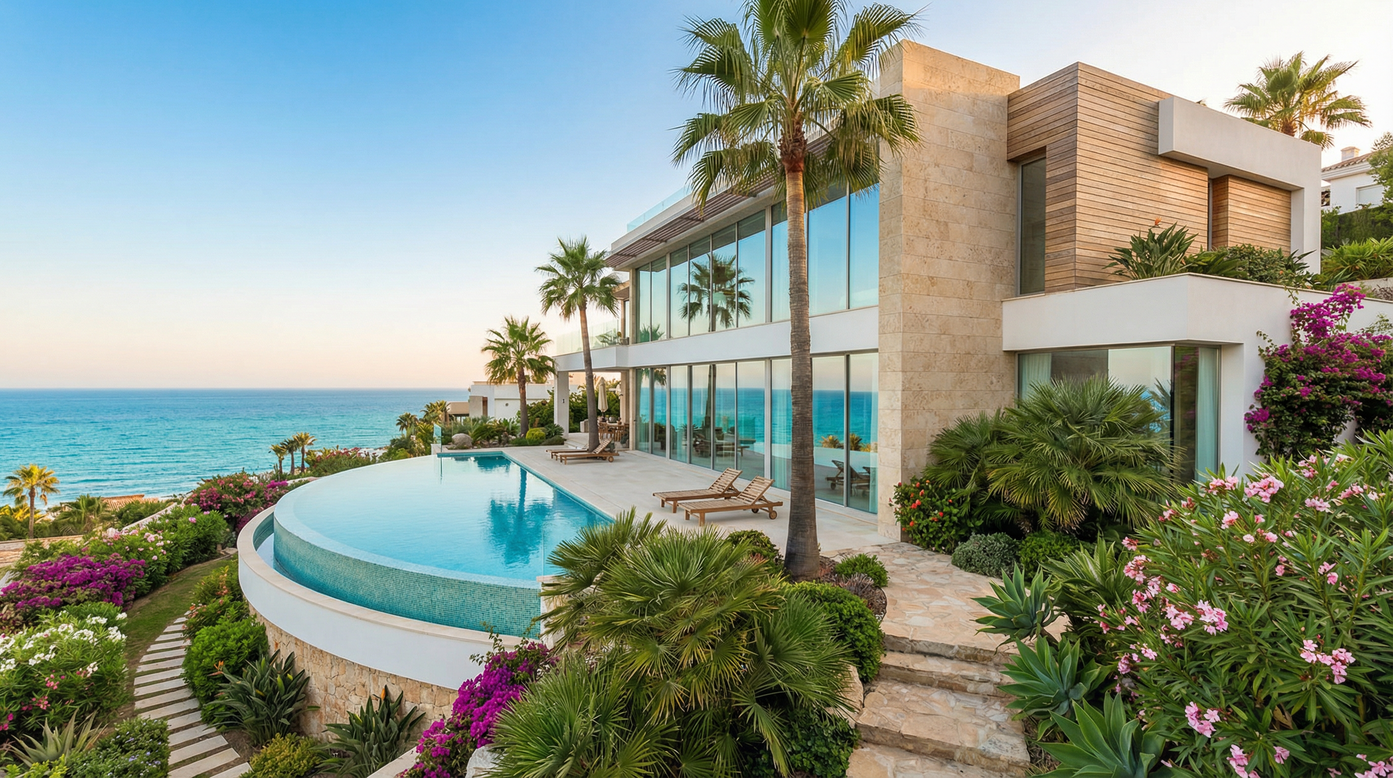 Panoramisch uitzicht op luxe vastgoed aan de Costa del Sol met moderne architectuur, grote ramen, een infinity pool en een weelderige tuin.