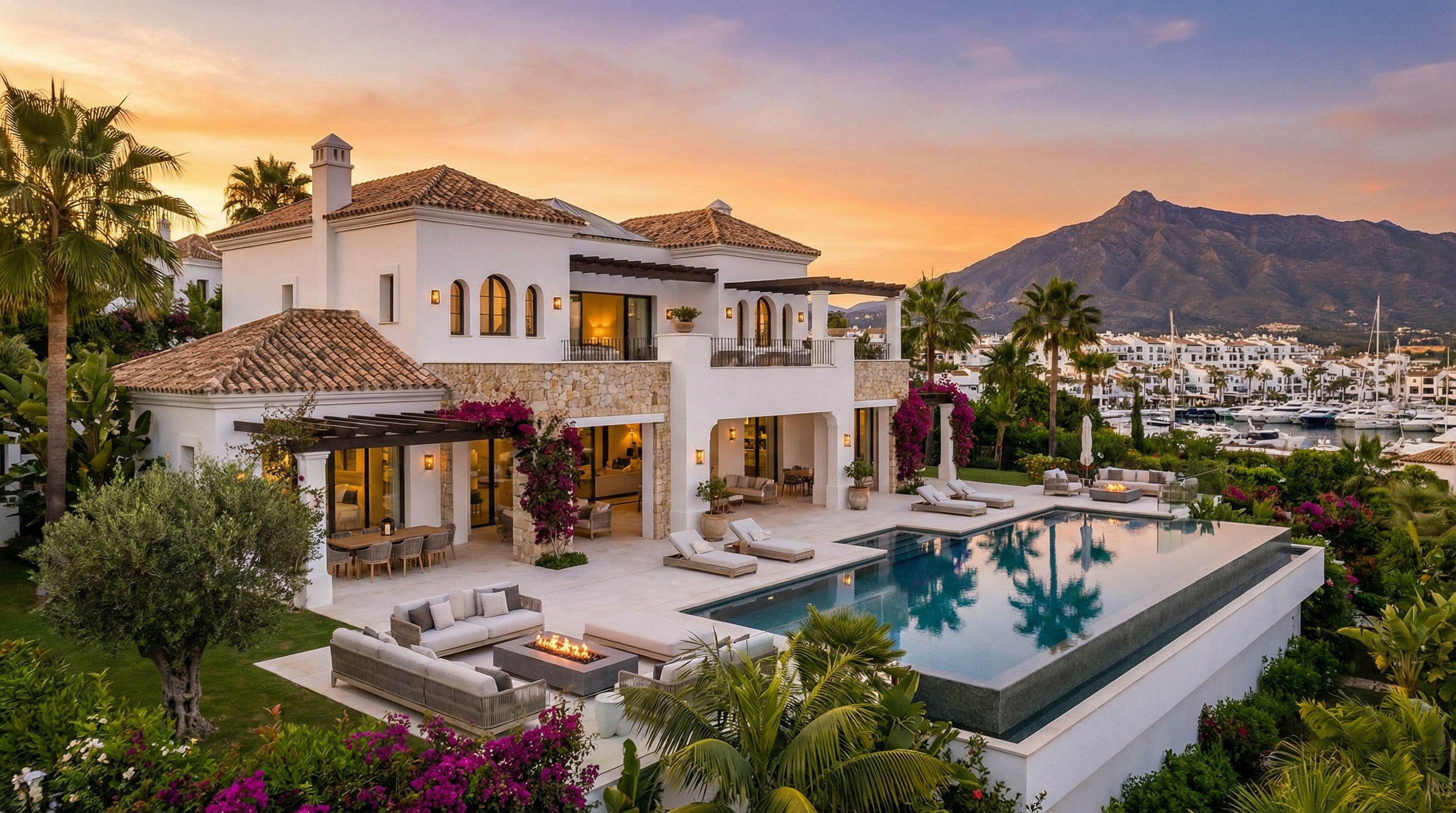 Prachtige luxe villa in Costa del Sol met mediterrane architectuur, infinity pool en uitzicht op de zonsondergang boven Puerto Banús en La Concha.