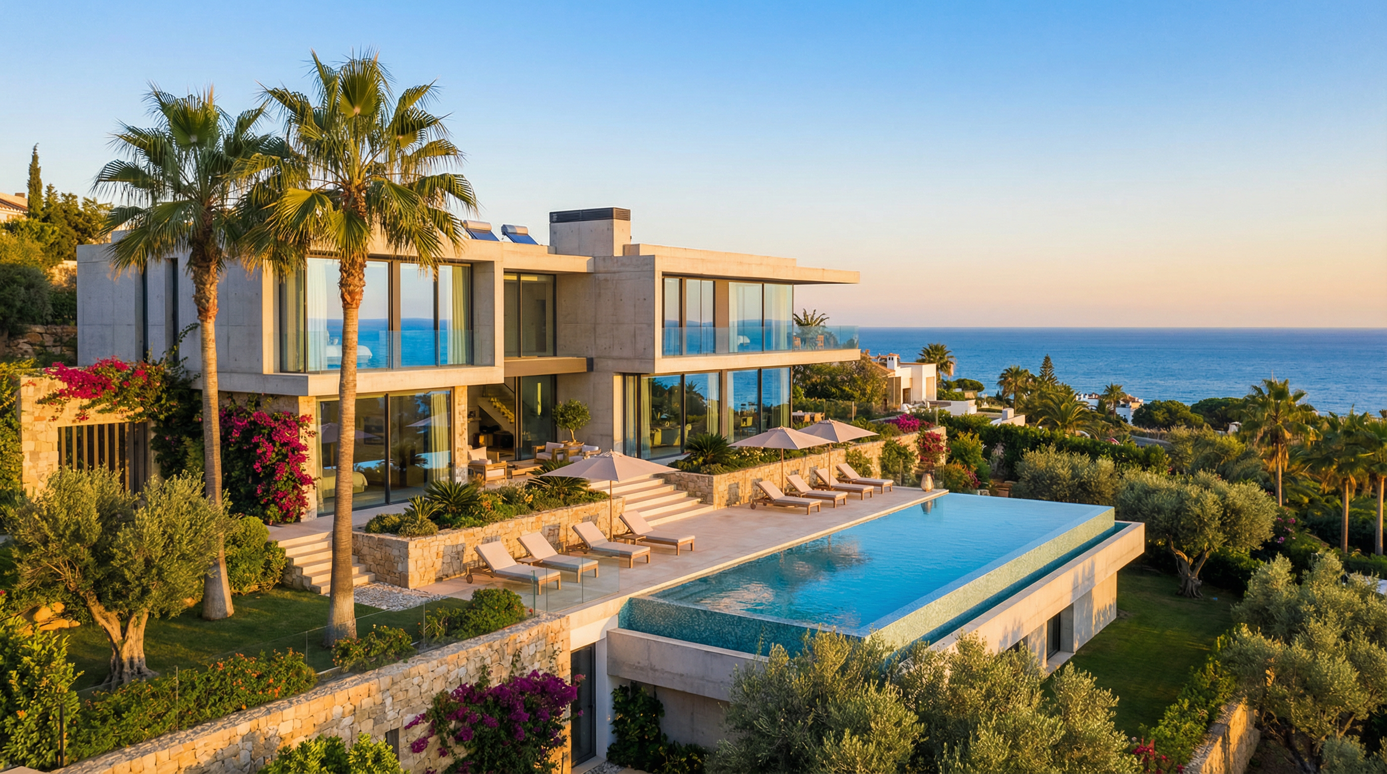 Panoramisch uitzicht op een luxe woning in Costa del Sol met moderne architectuur, een infinity pool en weelderige tuinen onder een heldere blauwe lucht.