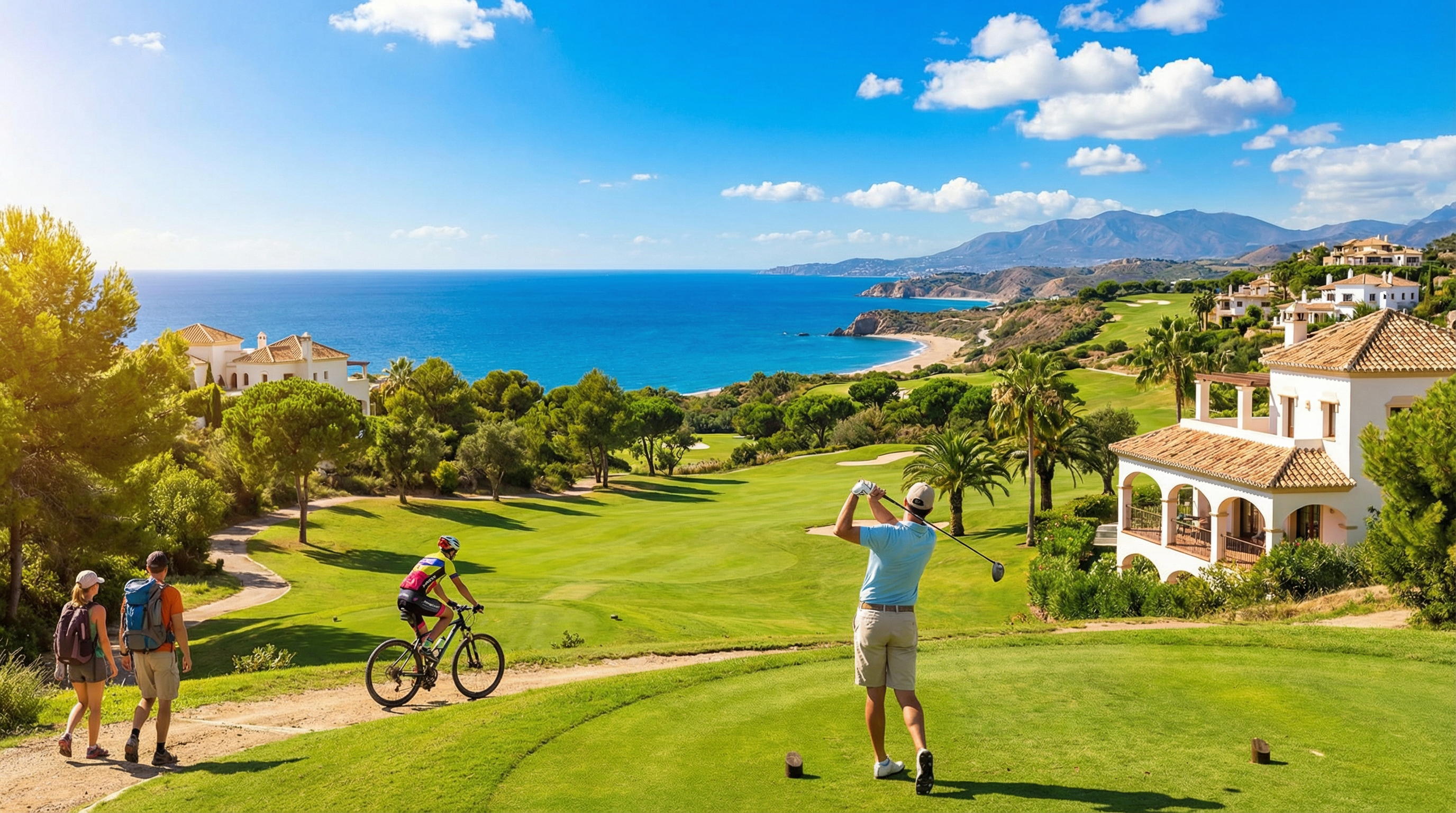 Een golfer slaat af op een prachtig golfveld aan de Costa del Sol met de Middellandse Zee op de achtergrond en actieve wandelaars en fietsers in het voorgrond.