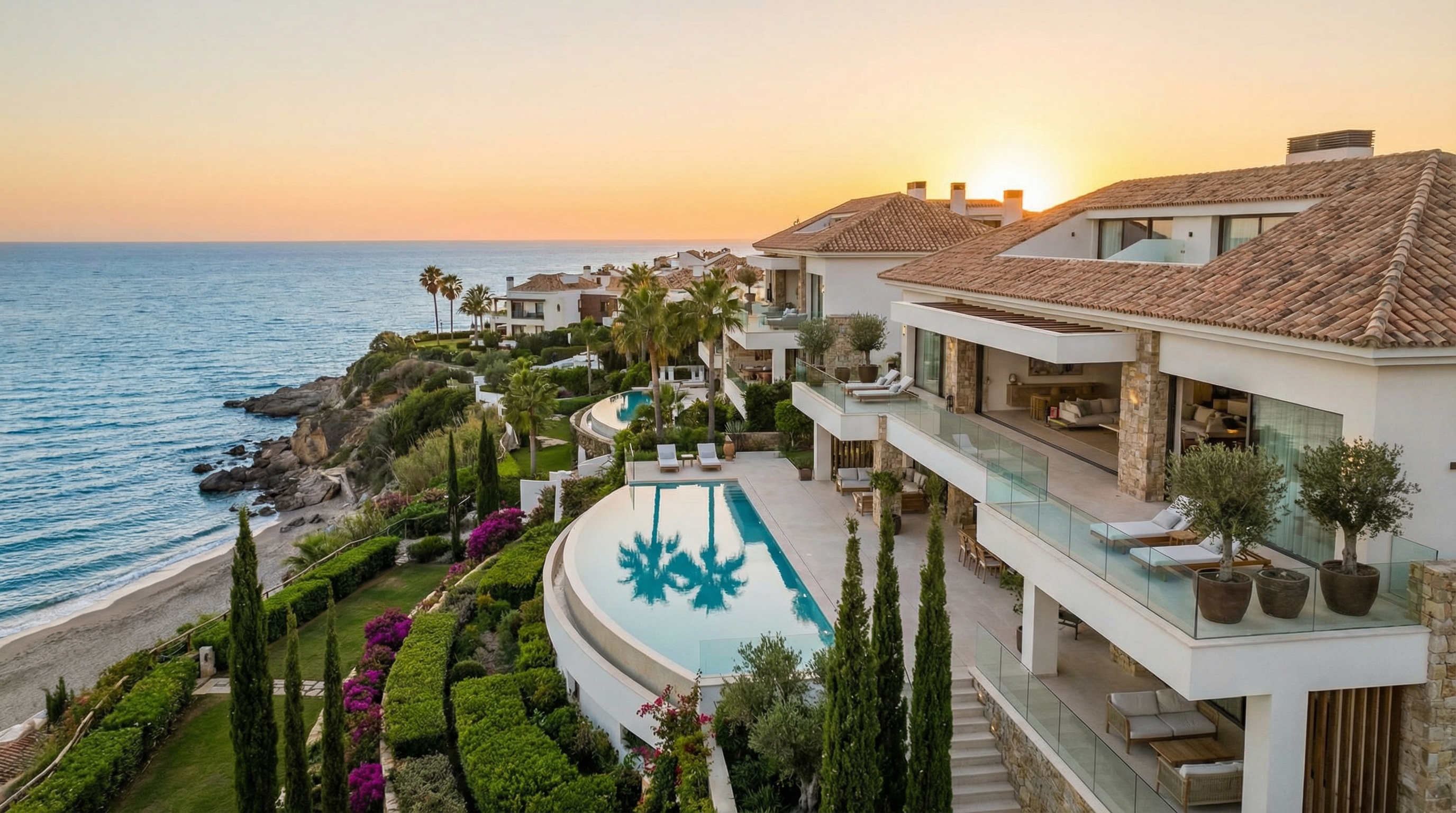 Luftbild av en lyxig varumärkesresidens i Costa del Sol med modern medelhavsstil, infinitypool och vacker trädgård.