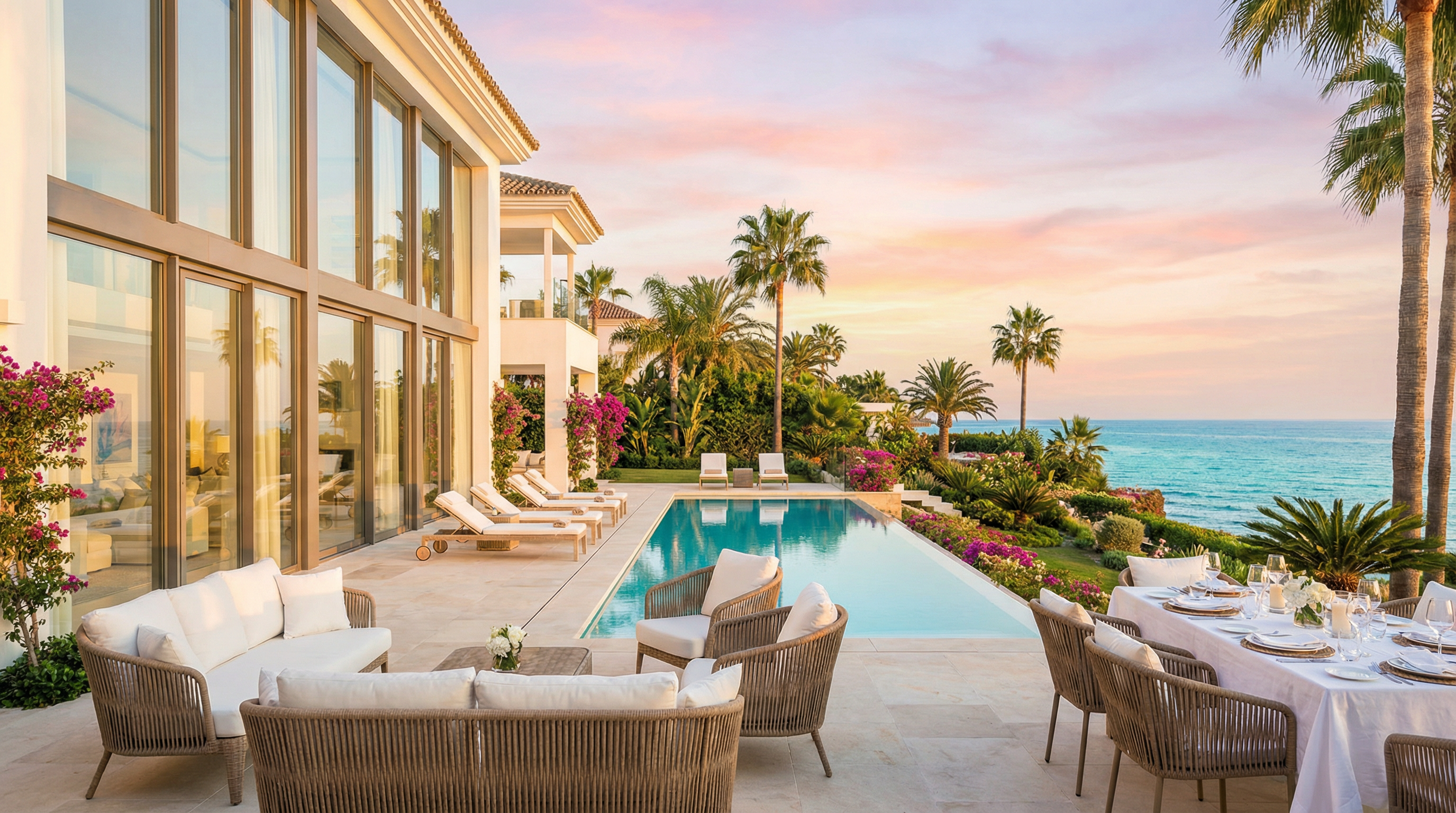 Lyxig villa på Costa del Sol med modern medelhavsstil, glasfönster, infinitypool och vacker trädgård vid soluppgången.