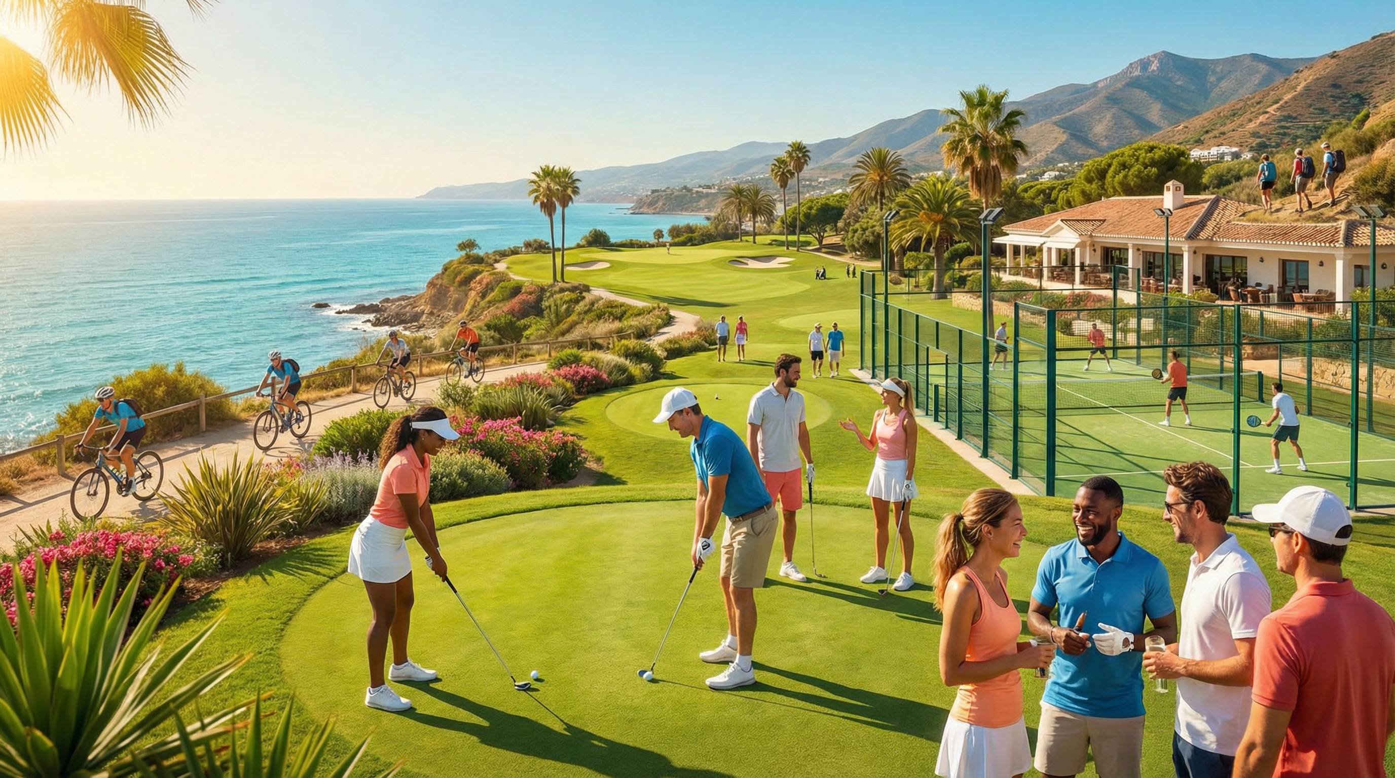 En livlig scen på Costa del Sol med personer som spelar golf, cyklar och spelar padel, omgiven av en vacker Medelhavskust och gröna golfbanor.