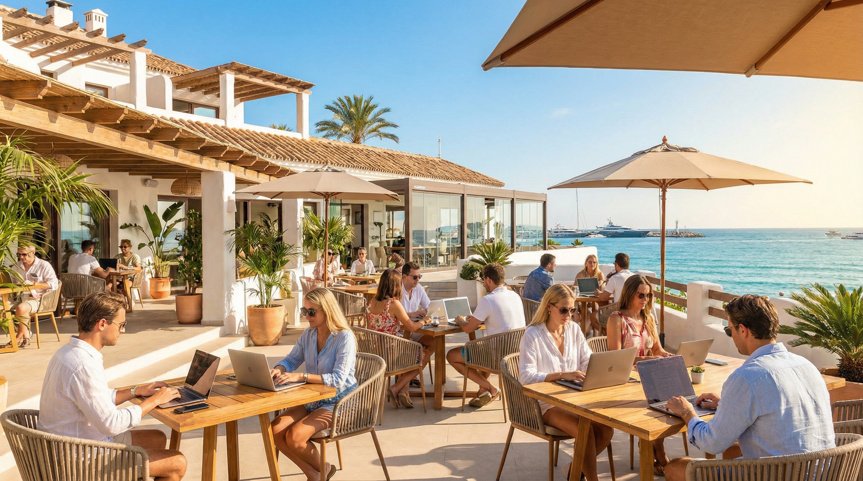 Fargerik strandcafé i Puerto Banús, Costa del Sol, hvor digitale nomader arbeider på laptopene sine med havutsikt og palmer rundt.